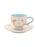 Widdop Cream Cup & Saucer floral set with friend message, UK version