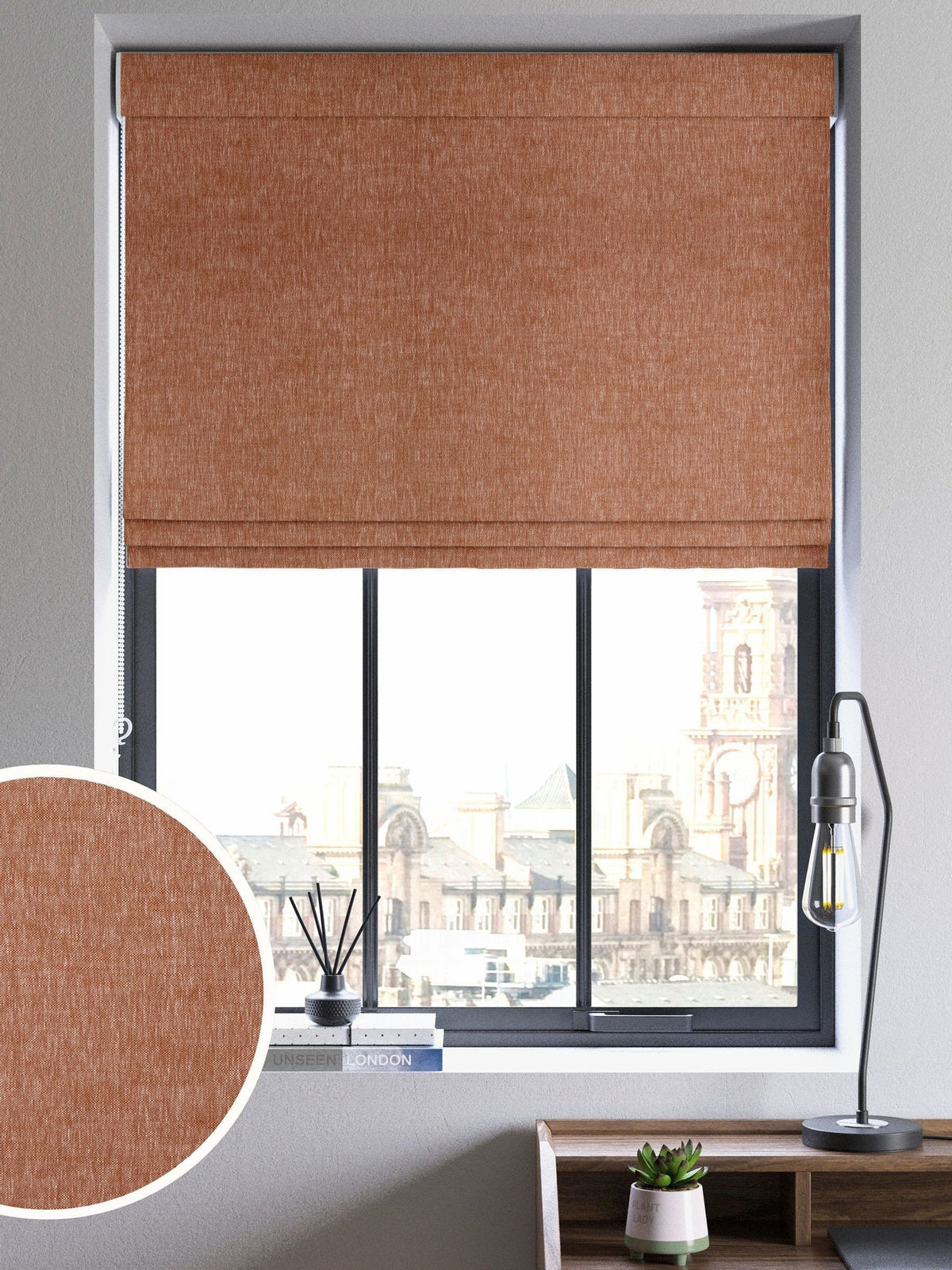 Paprika Abeille roman blinds orange plain fabric, imported from the UK