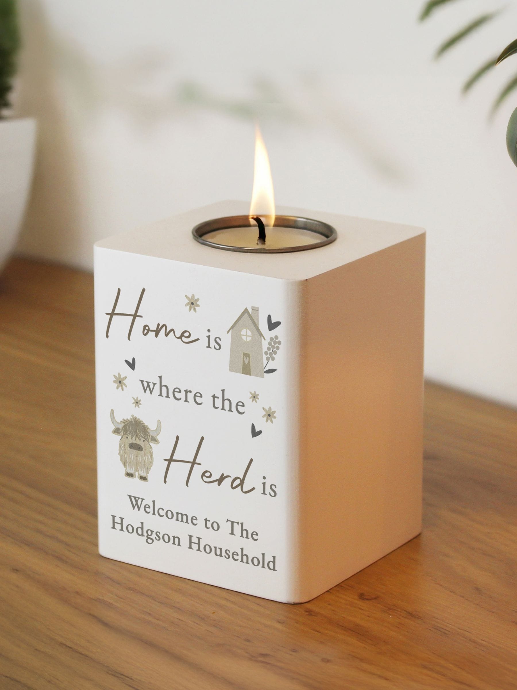 PMC personalised highland cow tealight holder 10cm, UK version