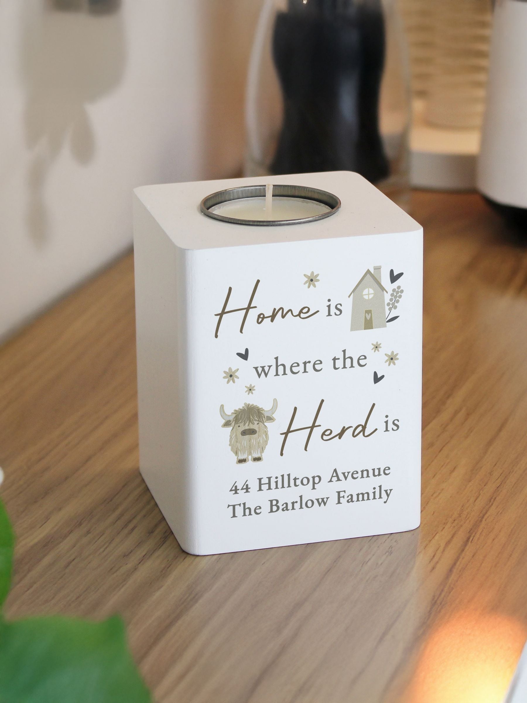PMC personalised highland cow tealight holder 10cm, UK version