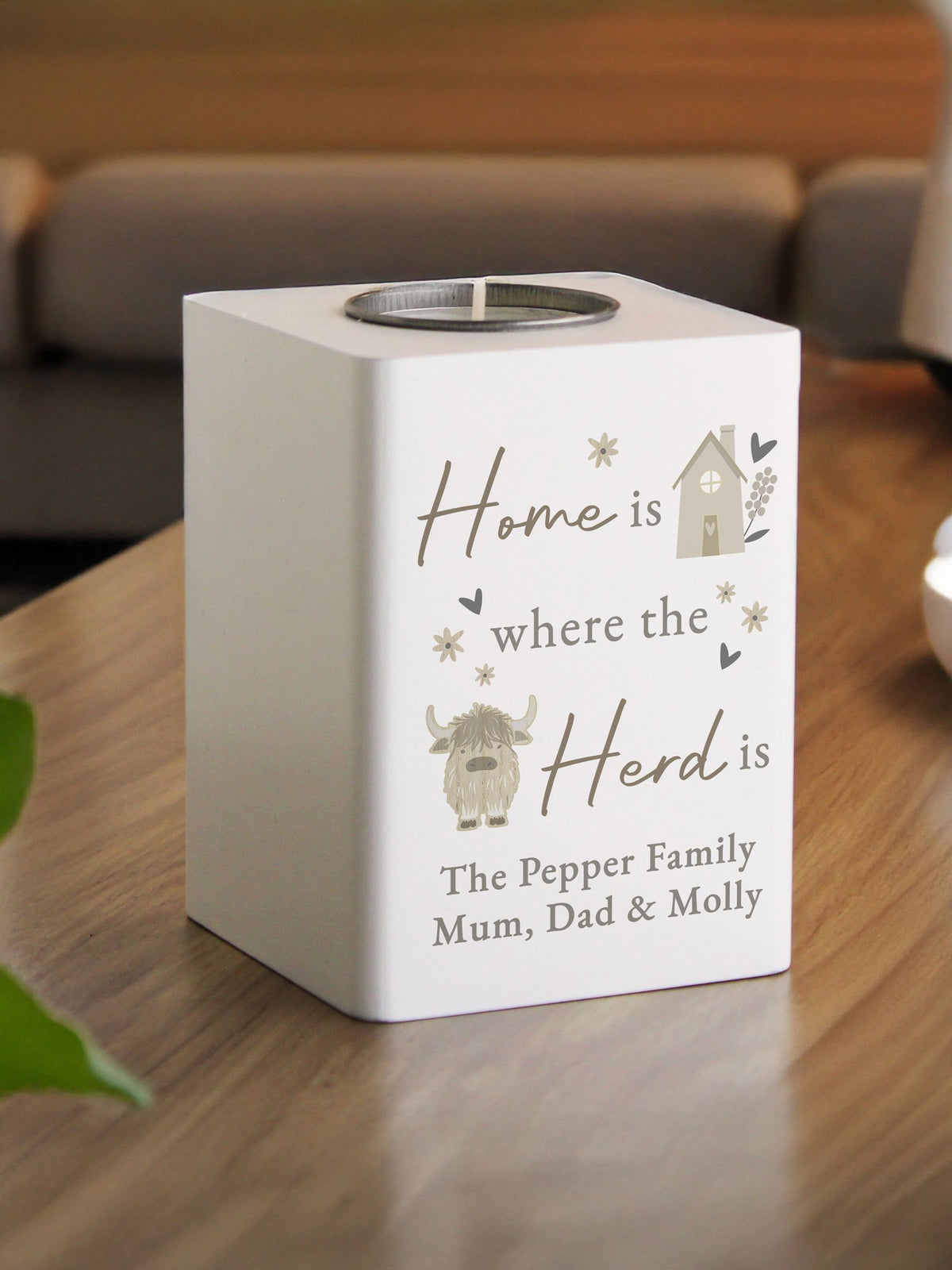 PMC personalised highland cow tealight holder 10cm, UK version