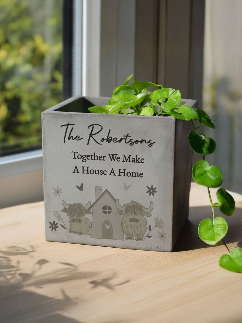PMC personalised highland cow concrete plant pot miniature, UK version