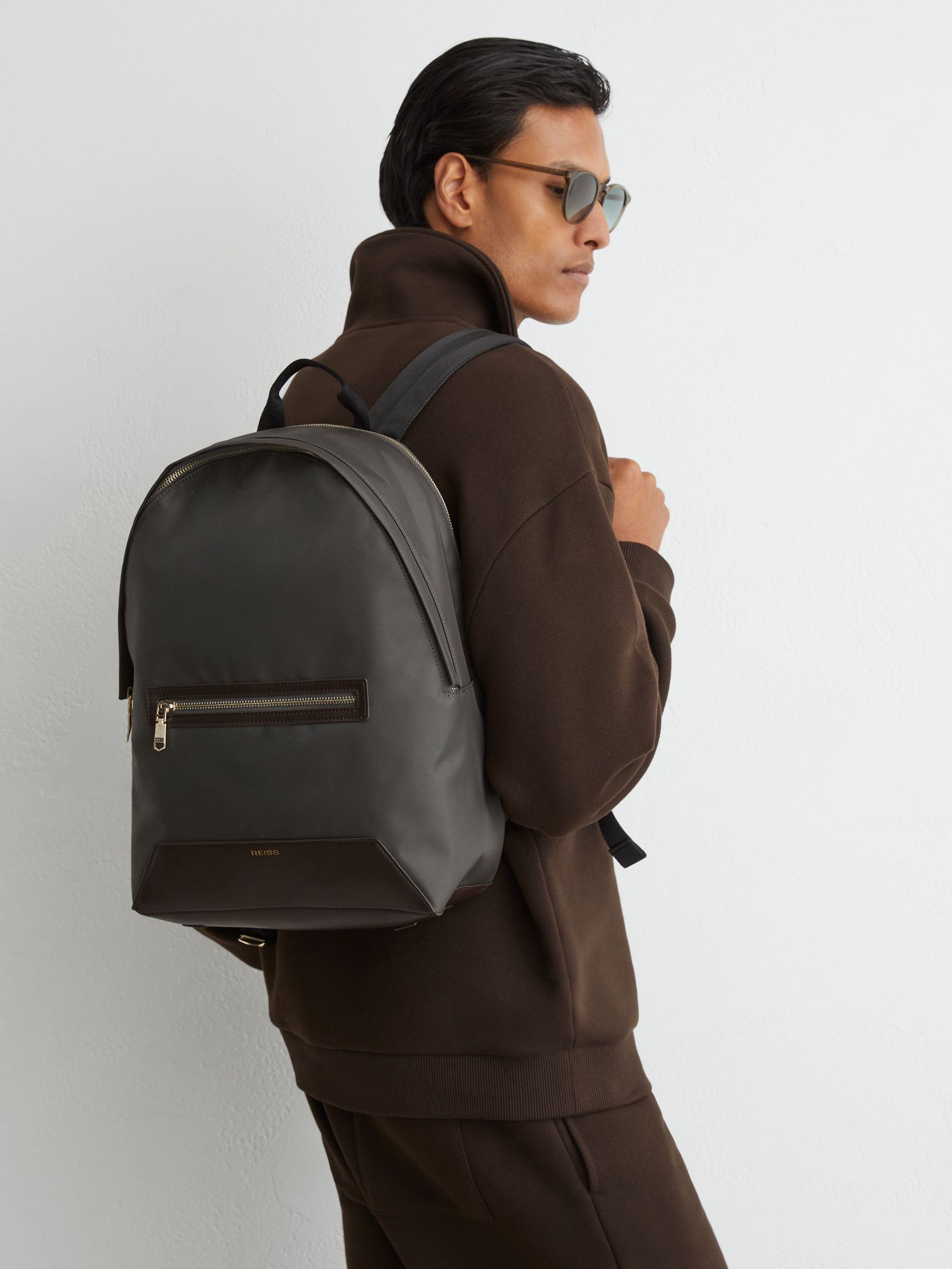 Reiss Black Allen woven zipped backpack - British product