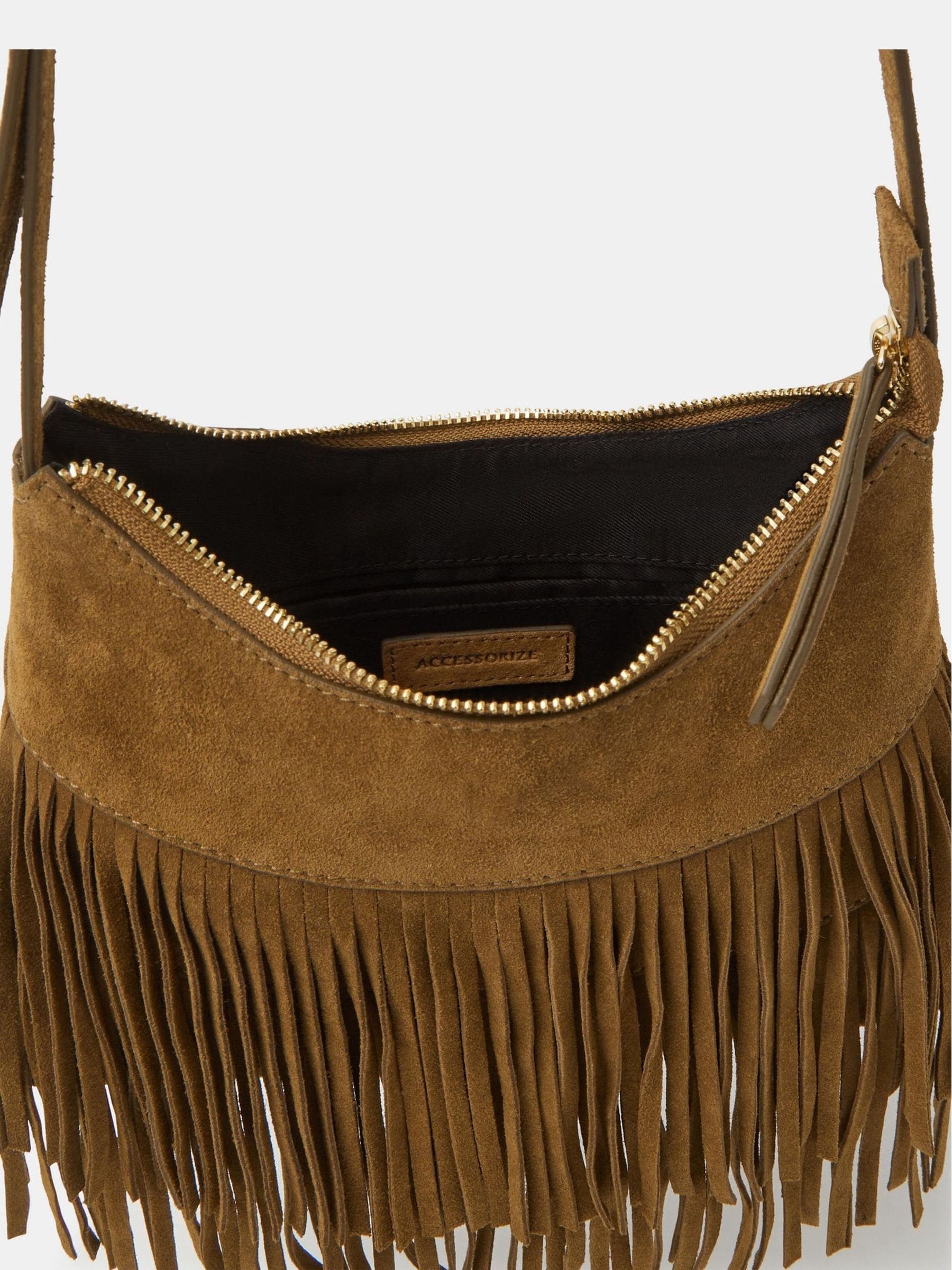 Accessorize brown suede cross body bag with fringe - British product