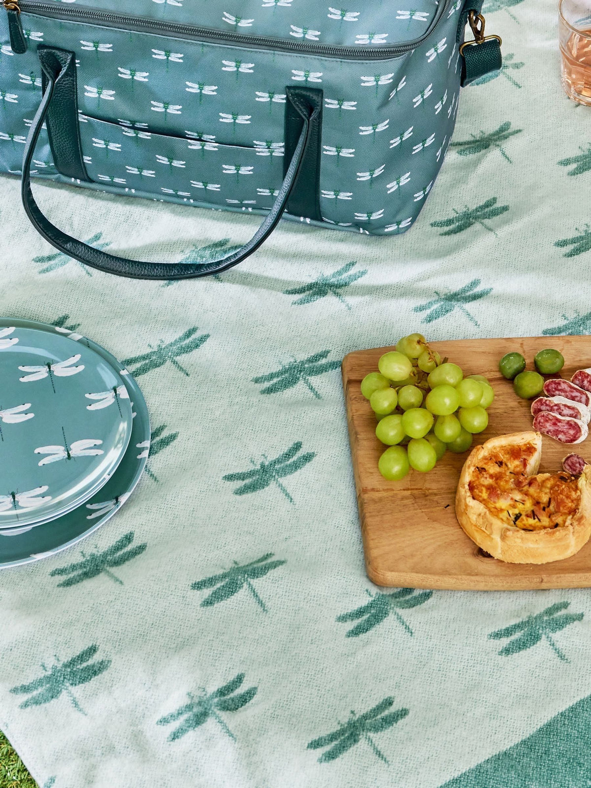 Sophie Allport teal dragonfly woven picnic blanket, UK version