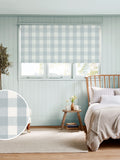 Sophie Allport pale blue gingham roller blind, imported from the UK