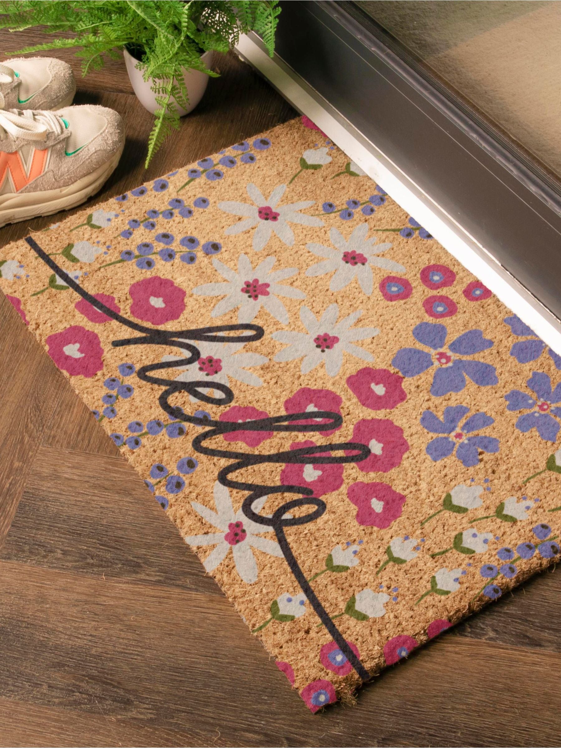 Artsy Mats Brown Hello Scribbly Floral doormat (British brand)