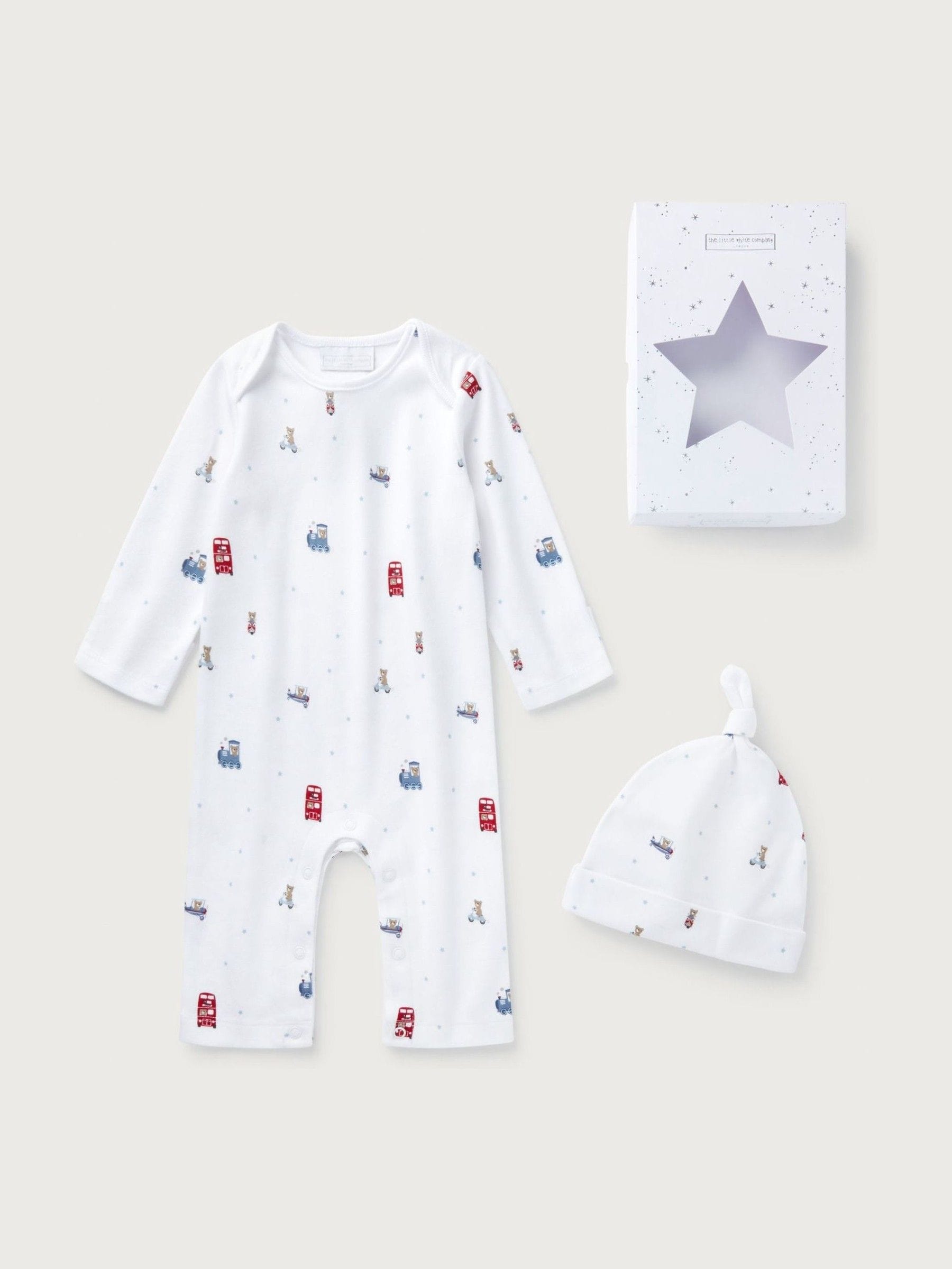 The White Company white cotton baby gift set with London print, imported from the UK