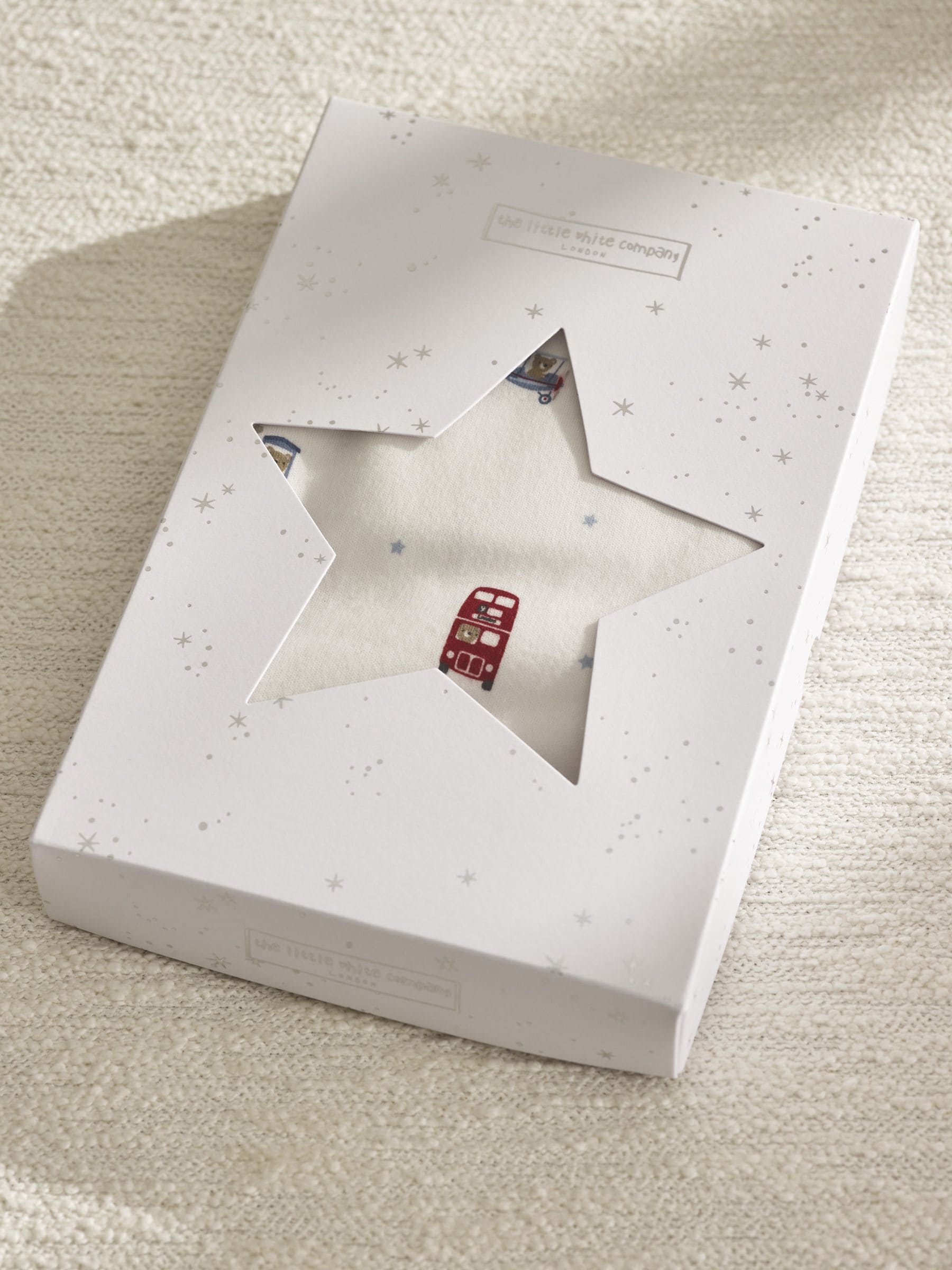 The White Company white cotton baby gift set with London print, imported from the UK