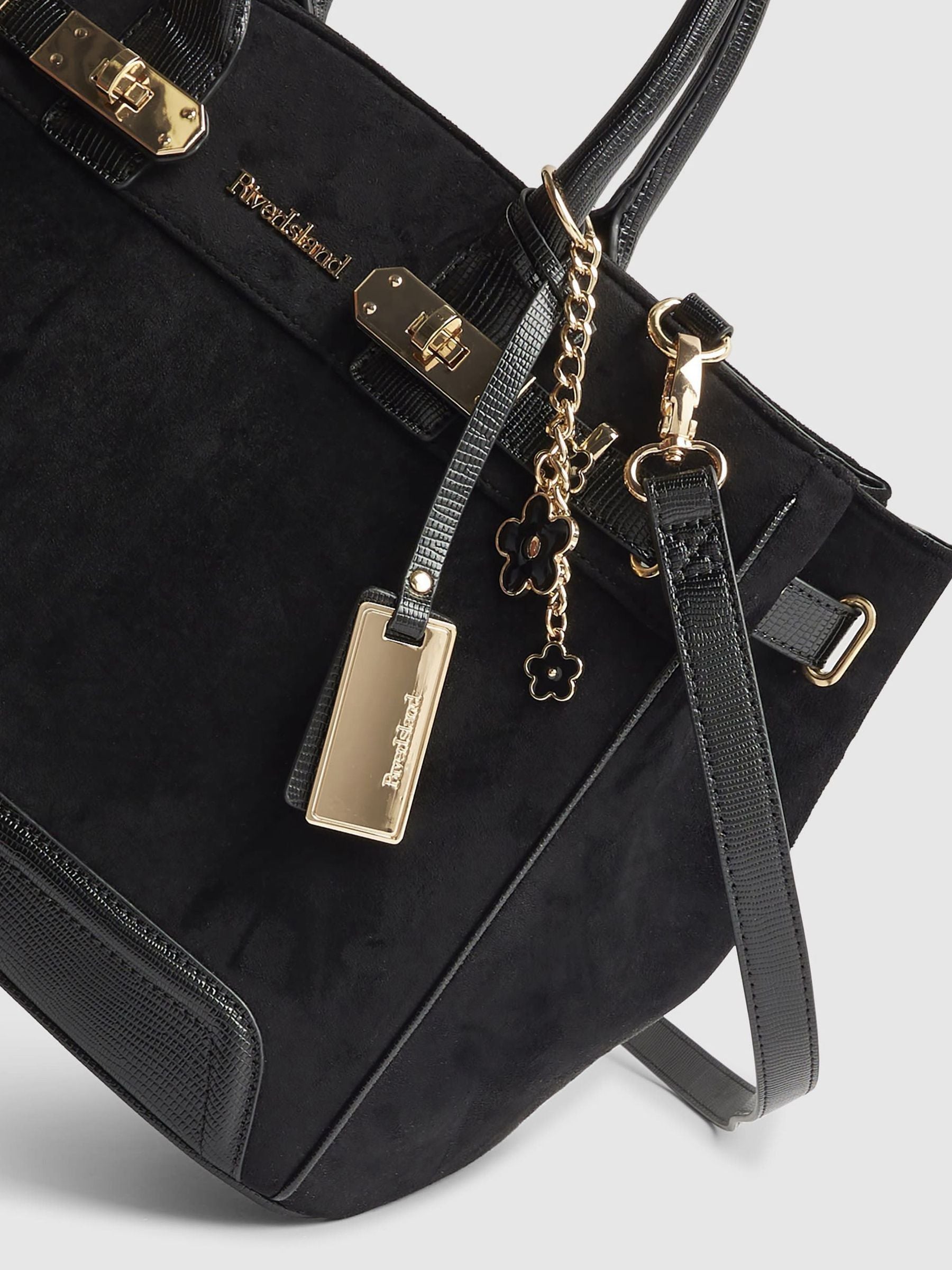 River Island black faux suede lock front tote bag (British brand)