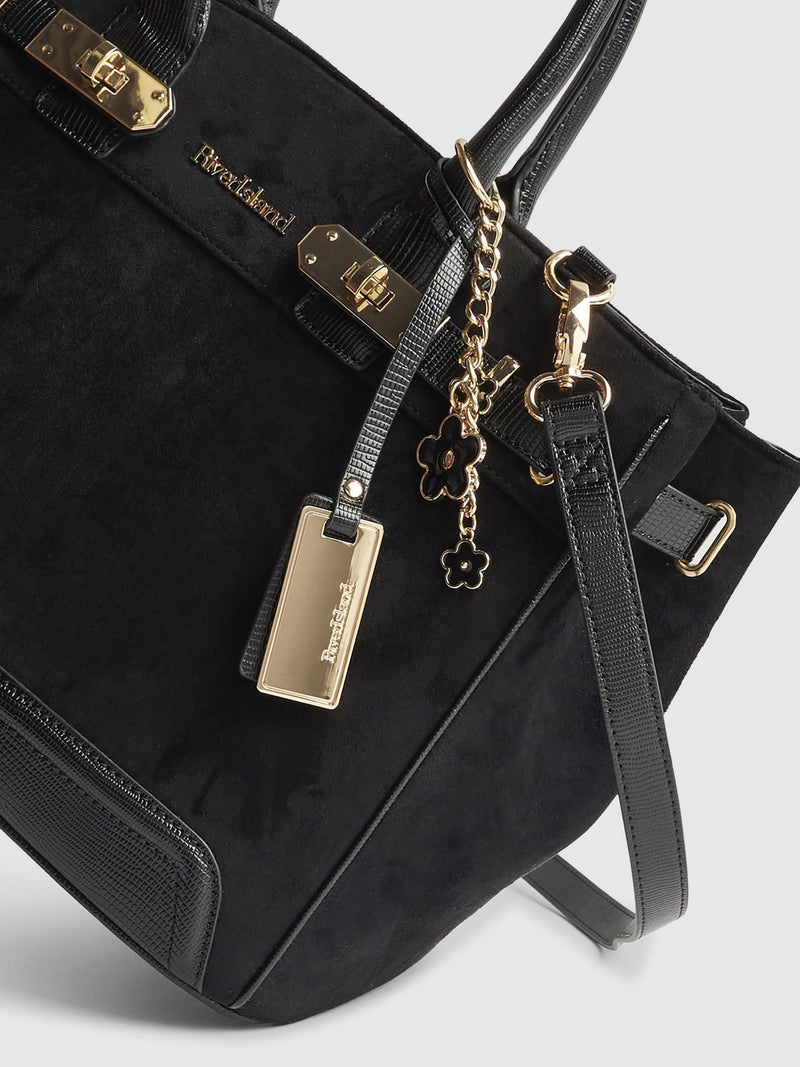 River Island black faux suede lock front tote bag (British brand)