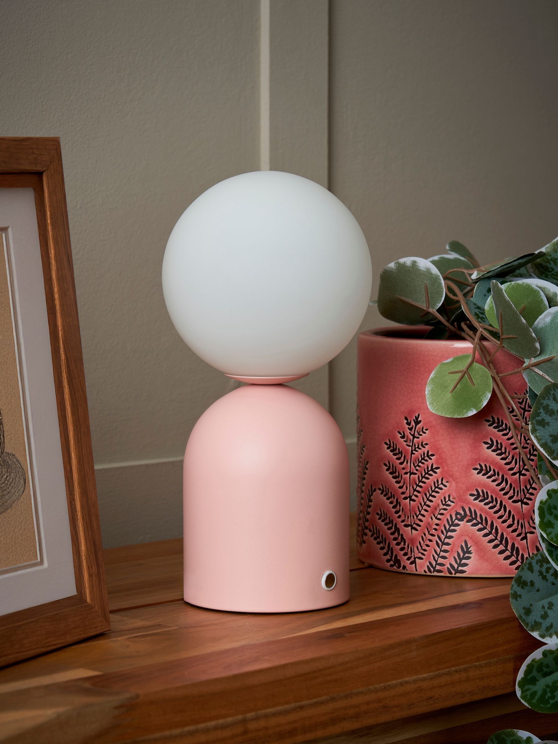 BHS pink USB-C rechargeable table lamp, opal glass, UK version