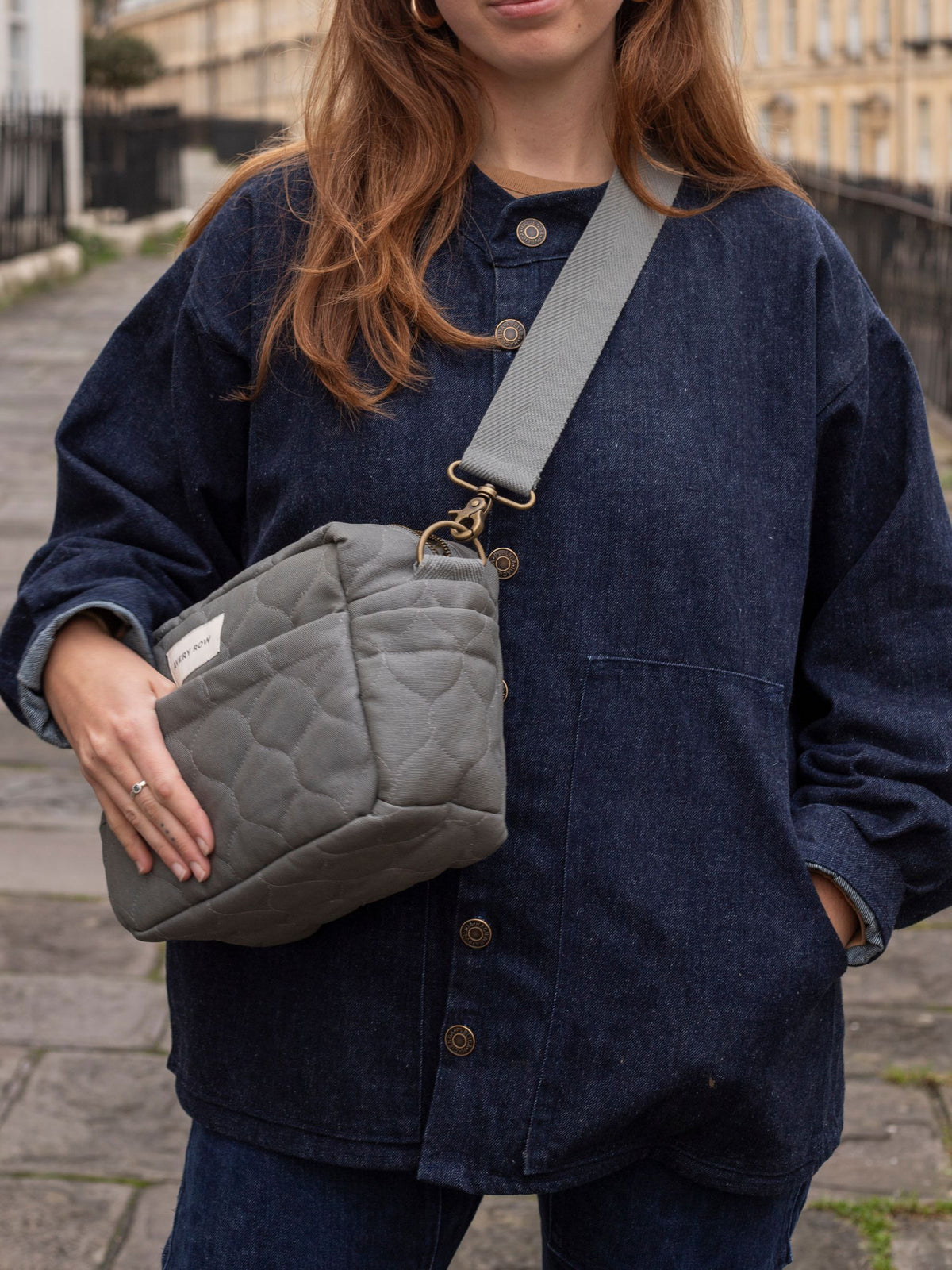 Avery Row Flint Pram Organiser Bag in denim, imported from the UK