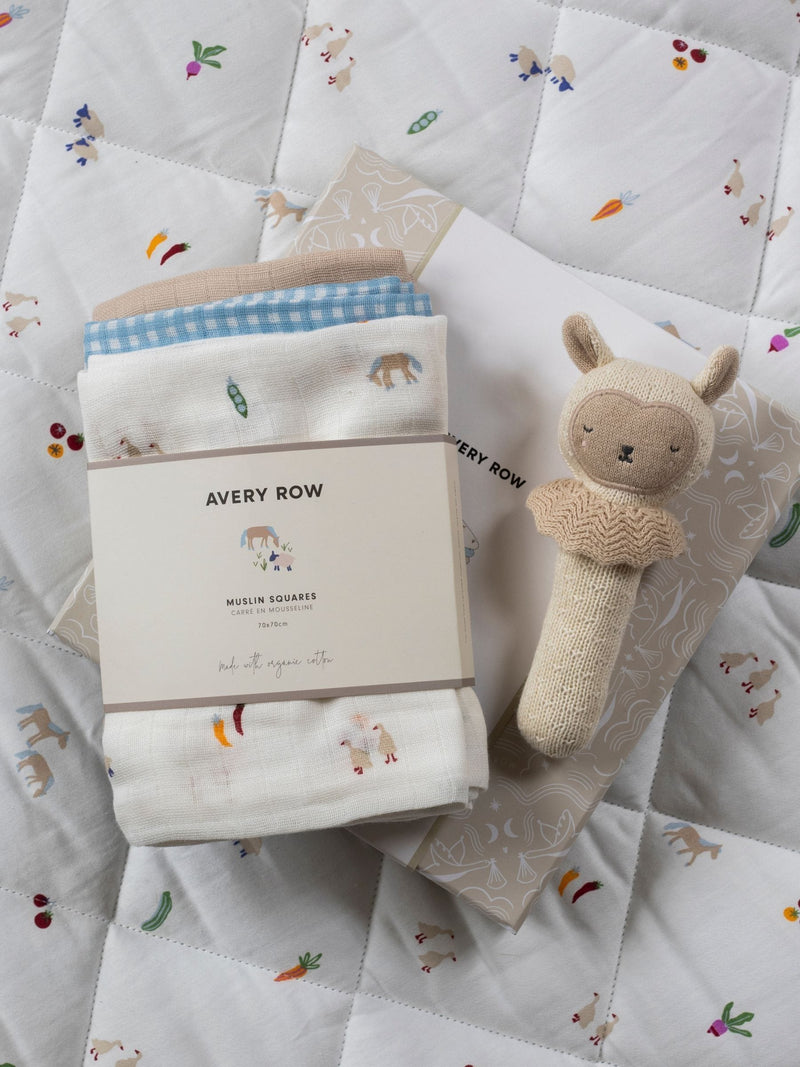 Avery Row baby gift set with rattle and muslins, UK version