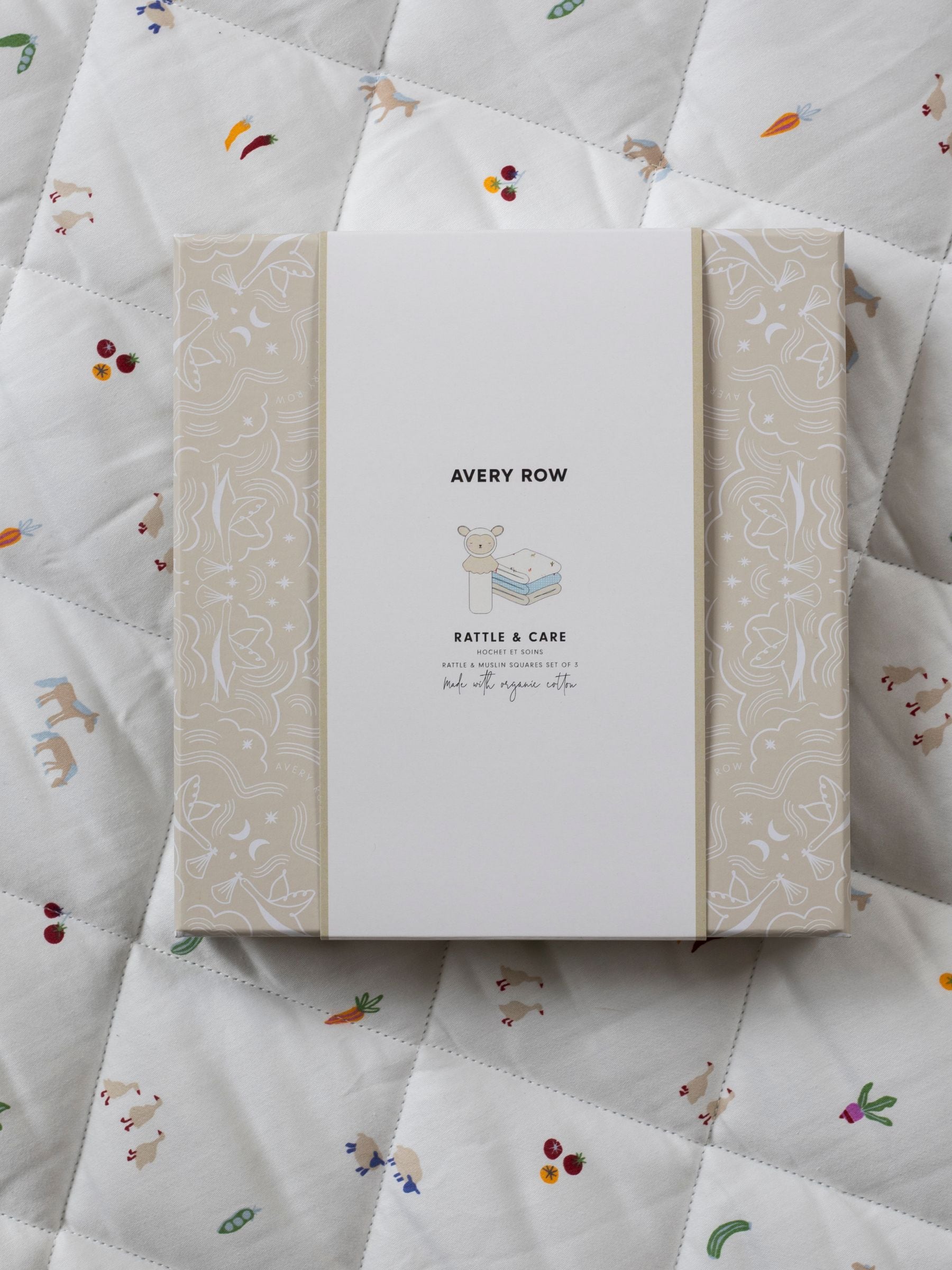 Avery Row baby gift set with rattle and muslins, UK version