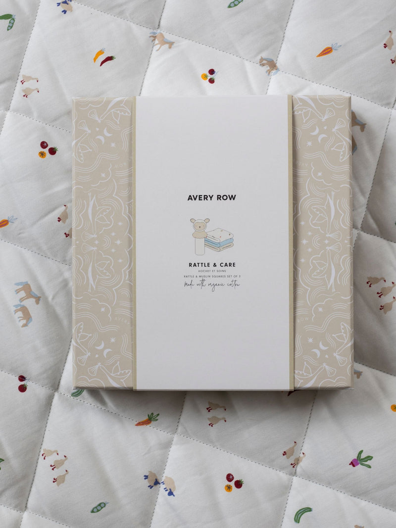 Avery Row baby gift set with rattle and muslins, UK version
