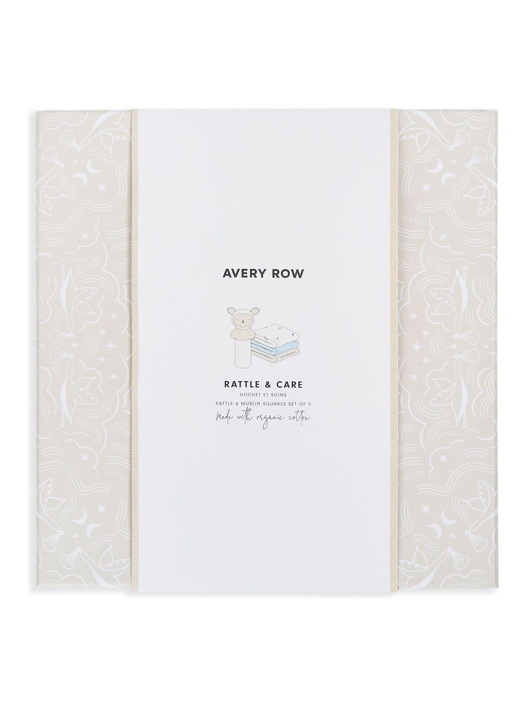 Avery Row baby gift set with rattle and muslins, UK version