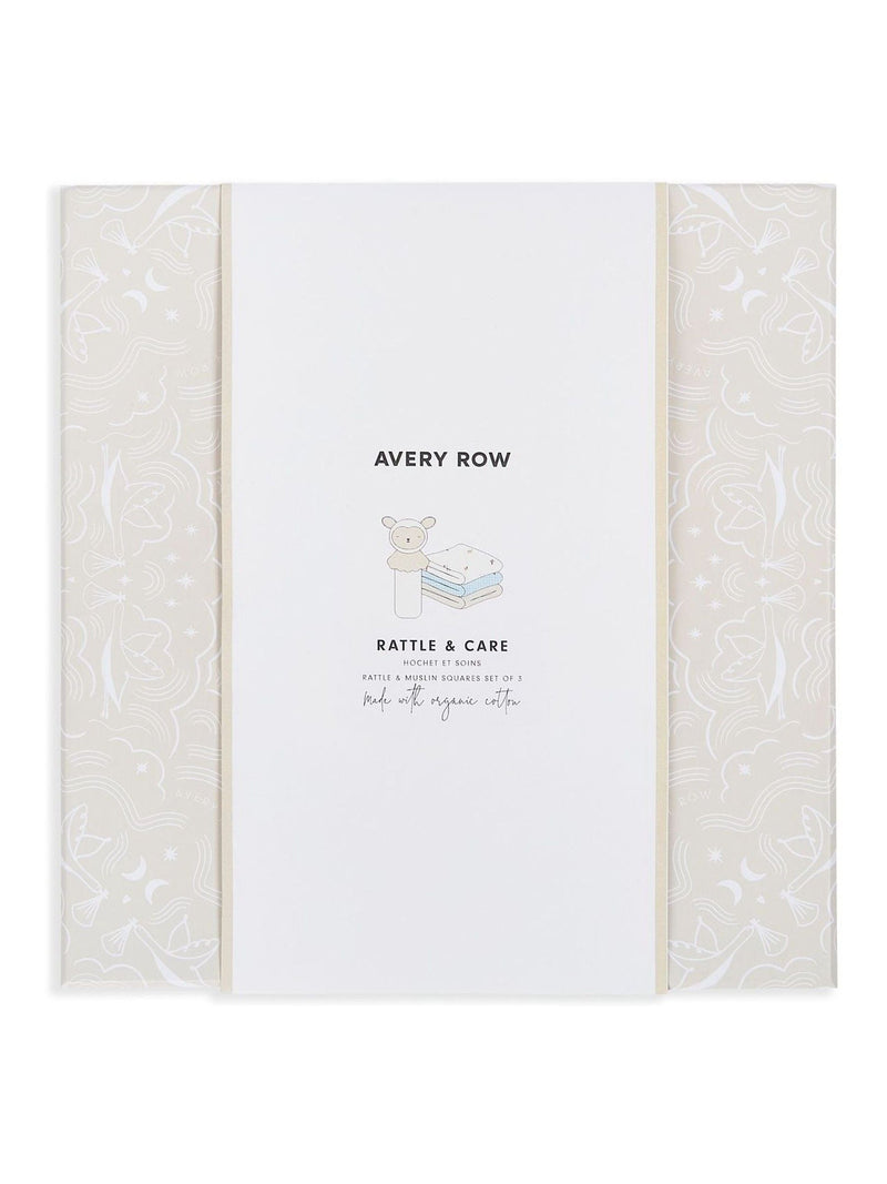 Avery Row baby gift set with rattle and muslins, UK version