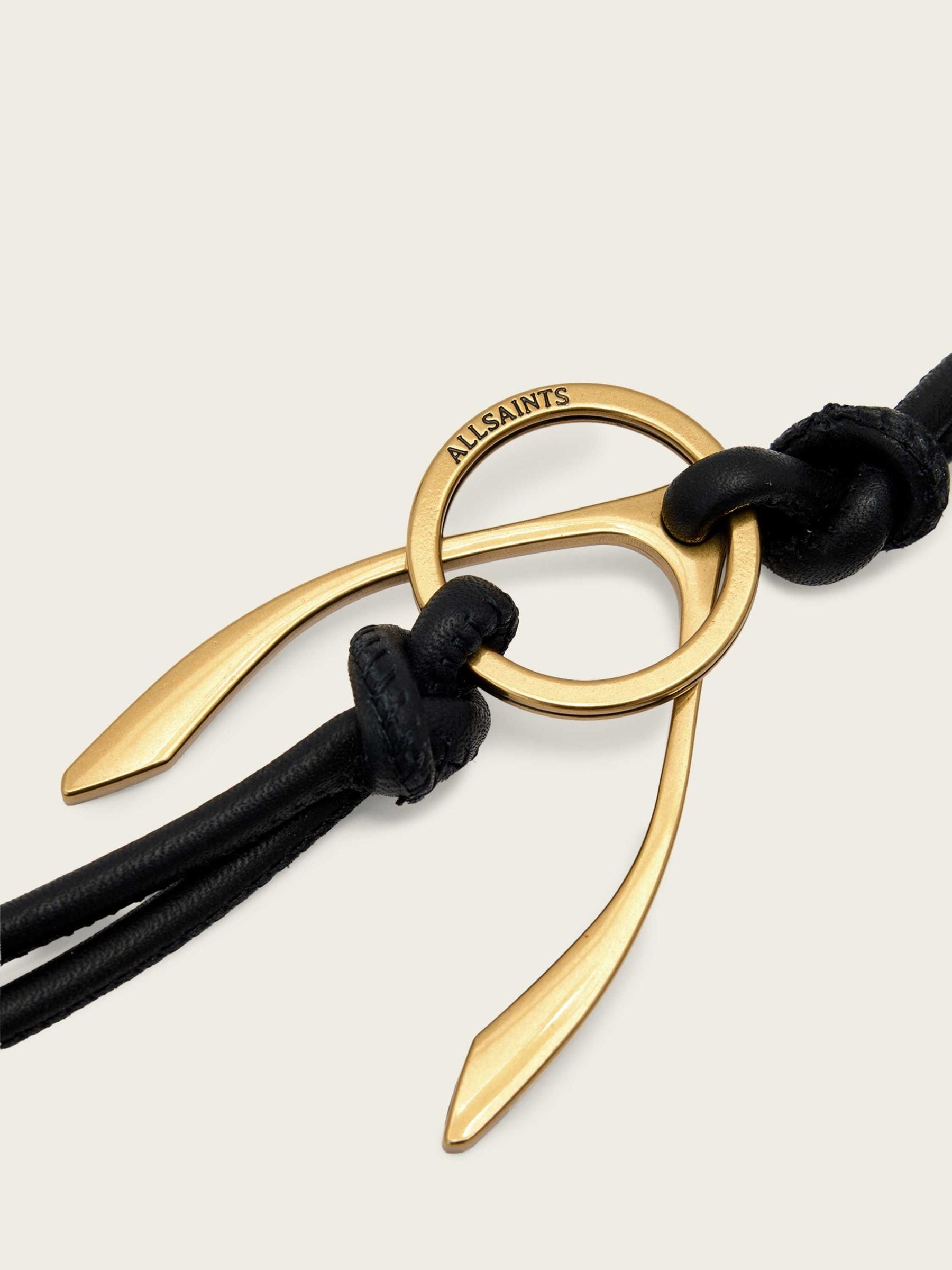 AllSaints black wishbone metal keyring with leather cord, UK version