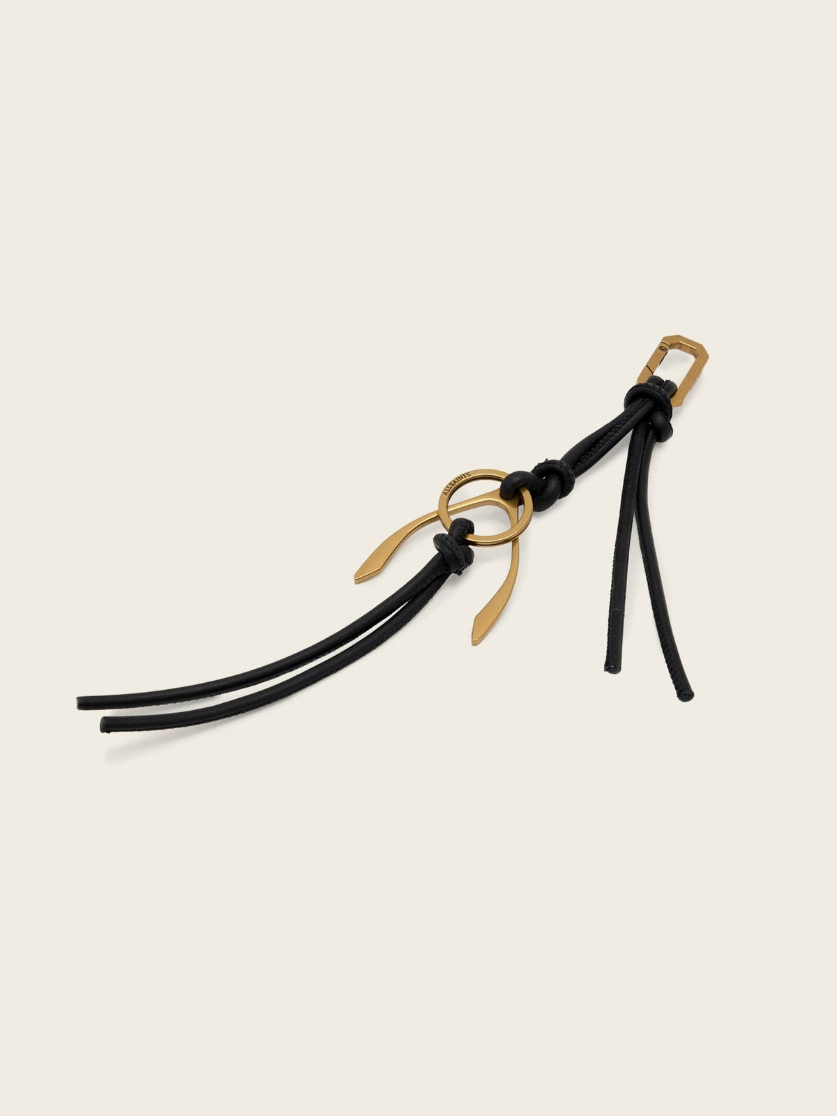 AllSaints black wishbone metal keyring with leather cord, UK version