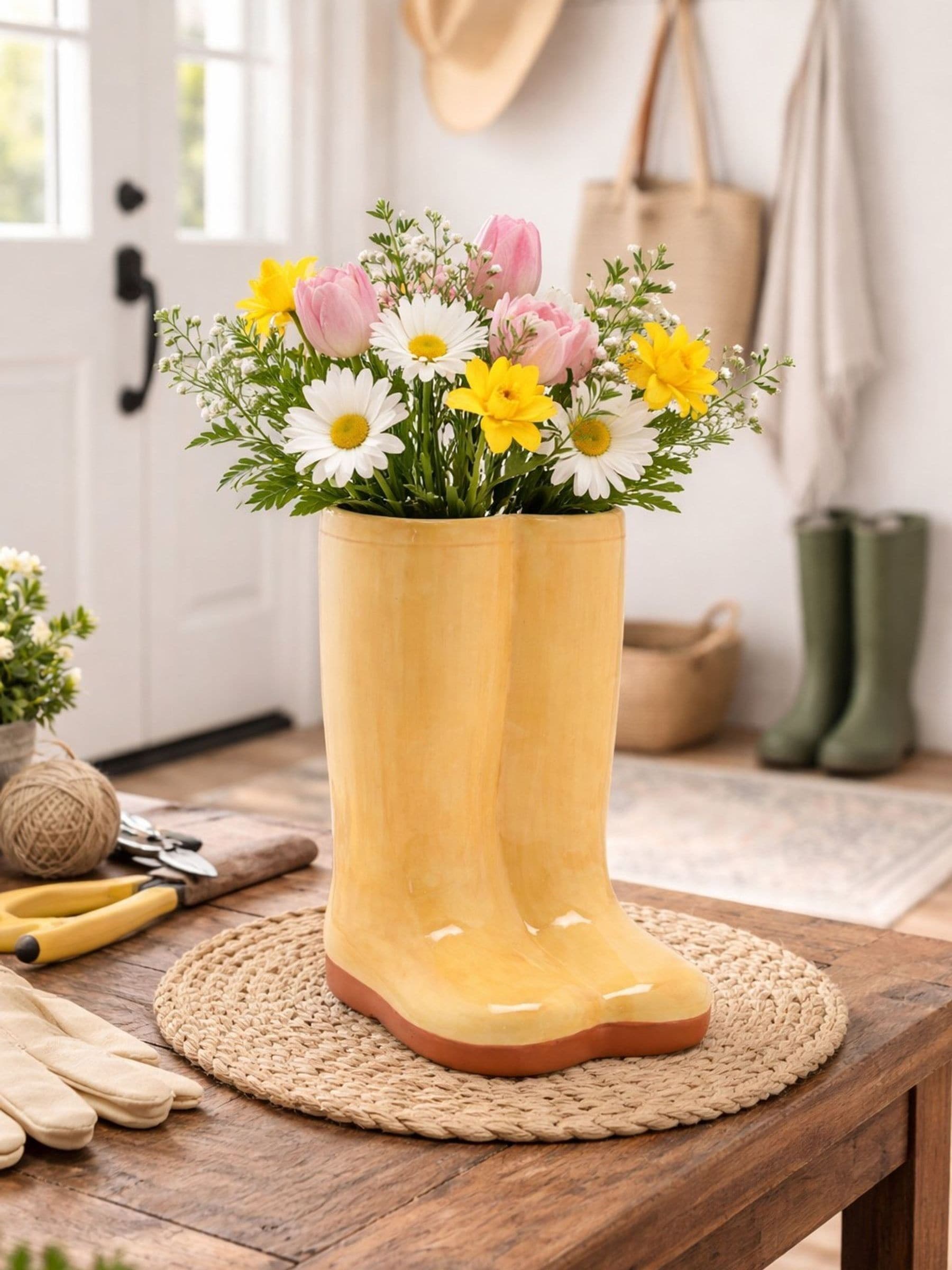 Widdop yellow ceramic boot vase large, imported from the UK