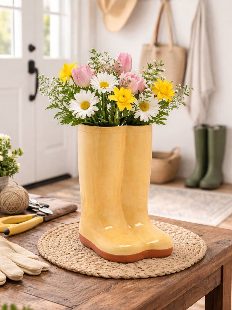 Widdop yellow ceramic boot vase large, imported from the UK