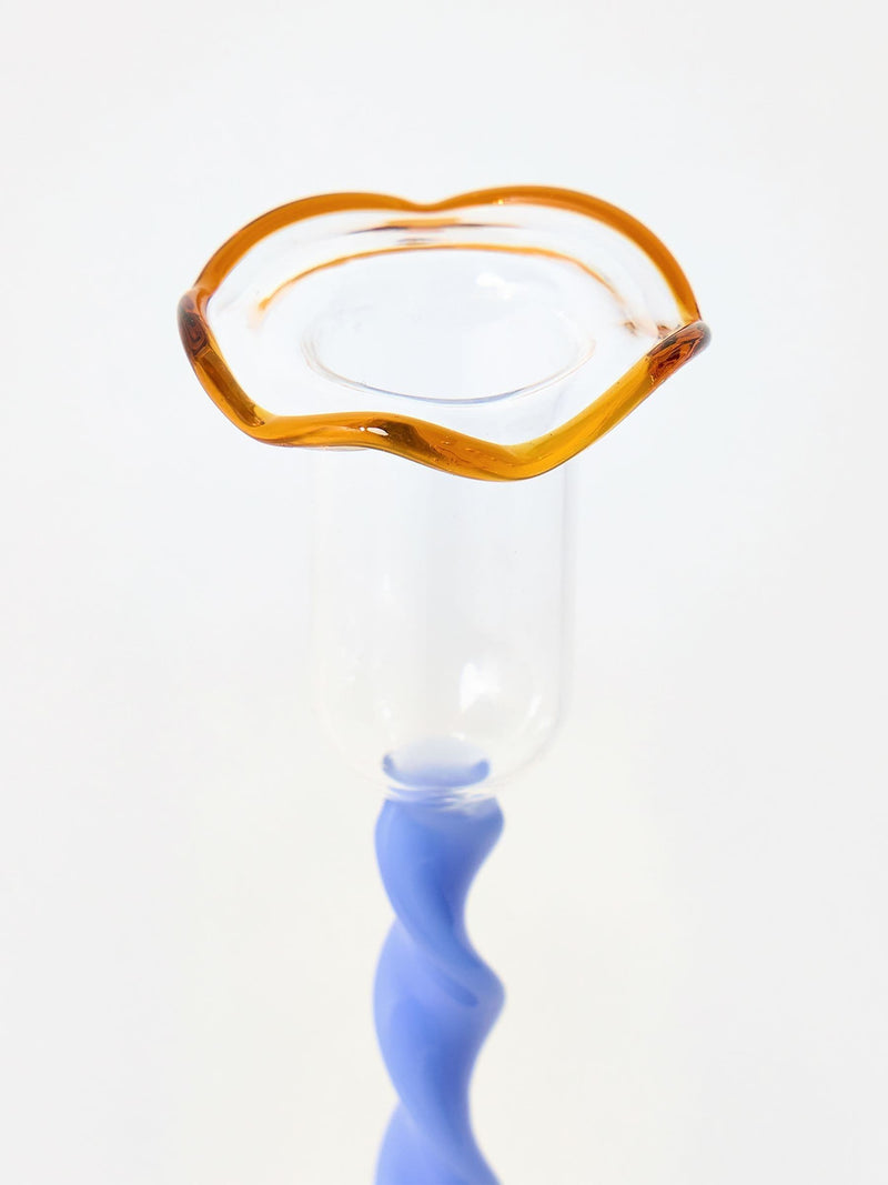 Oliver Bonas blue twisted stem tall glass candle holder (British brand)