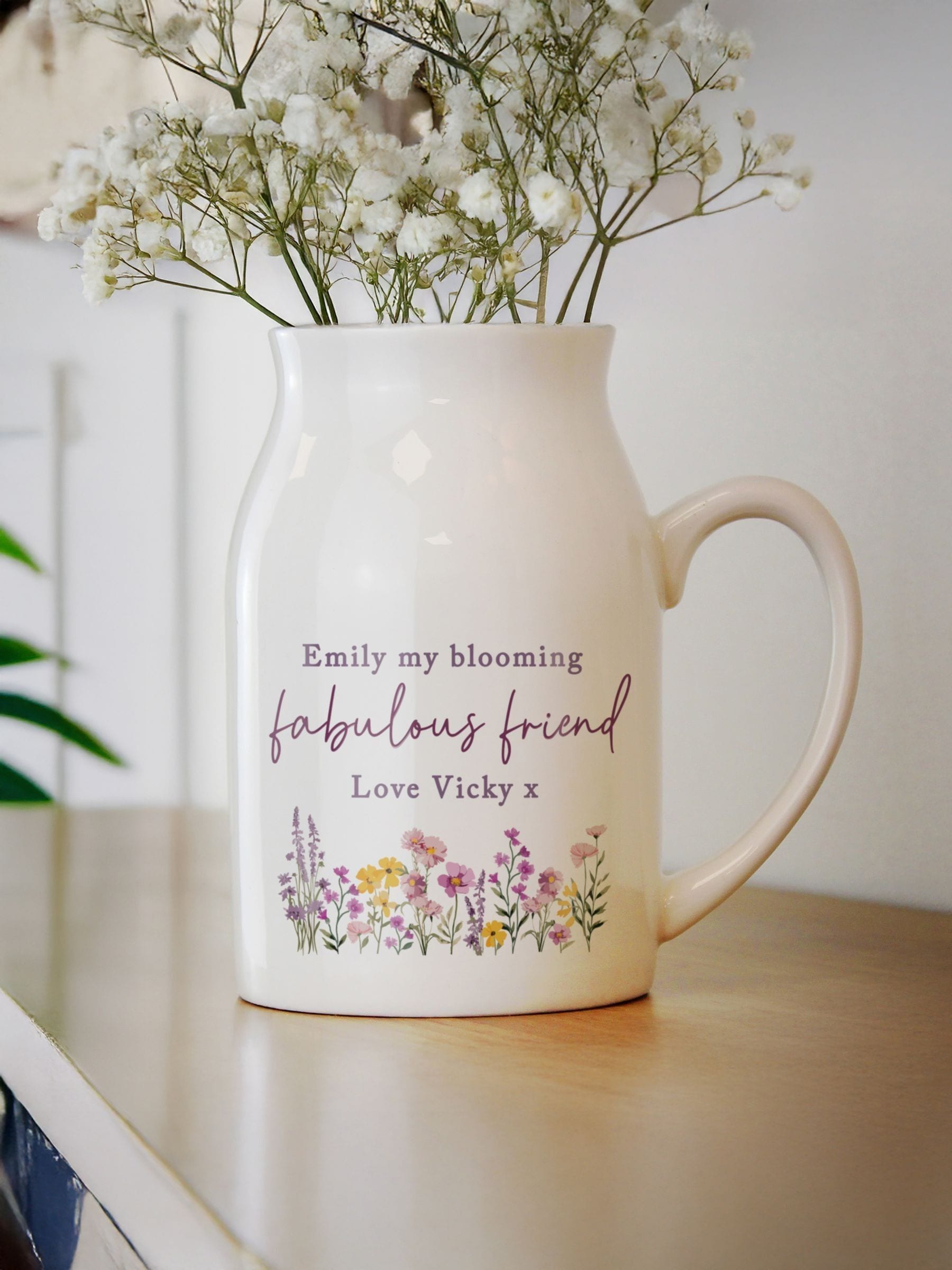 PMC ceramic wild flower jug vase with personalisation (British brand)