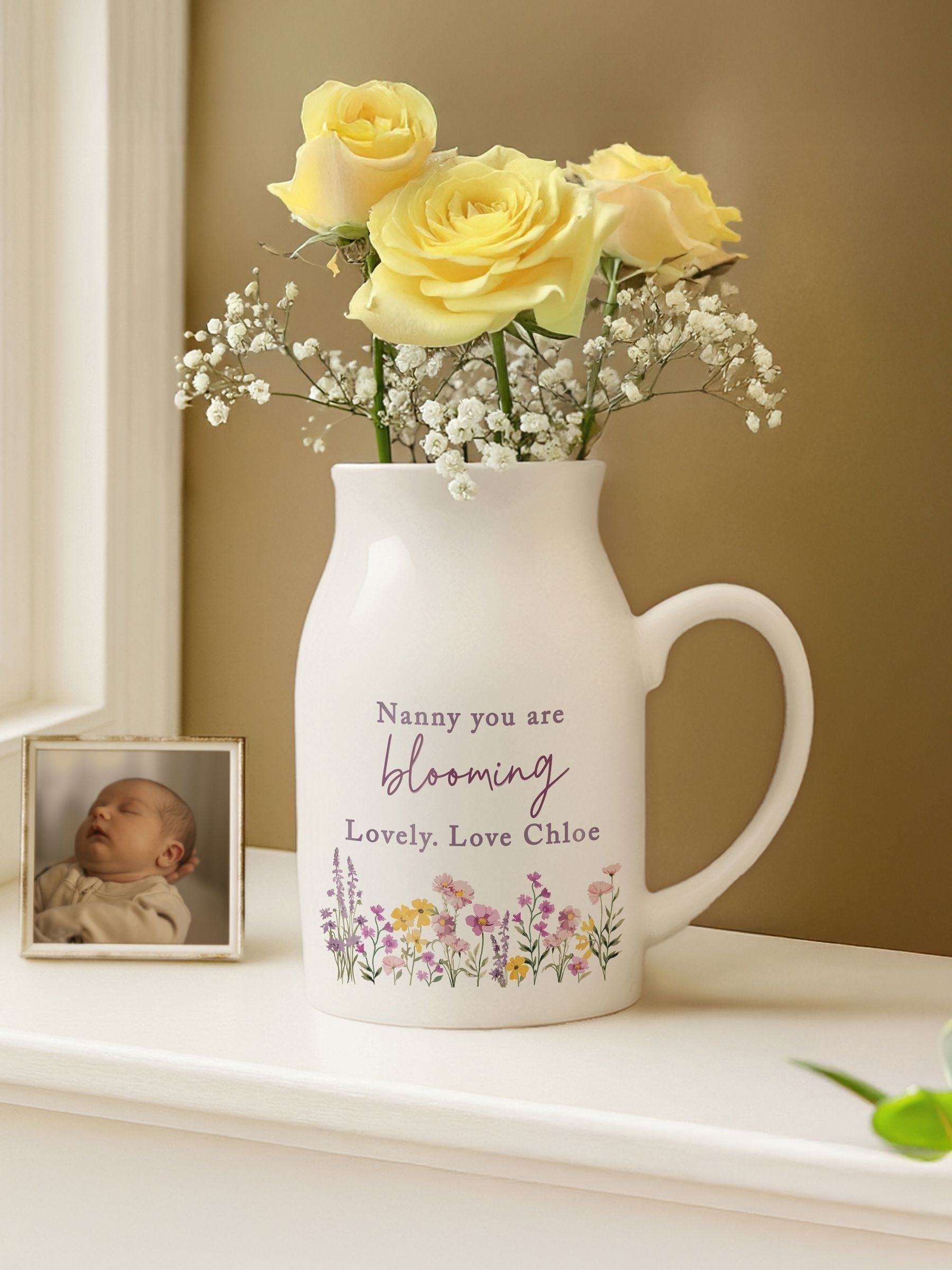 PMC ceramic wild flower jug vase with personalisation (British brand)