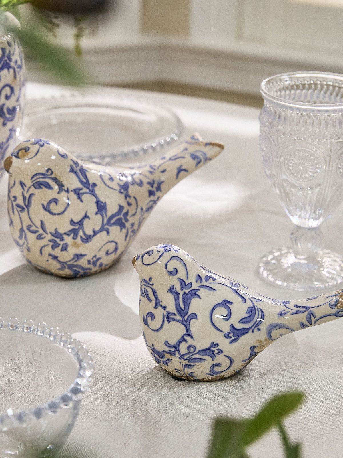 Dibor Blue Botanical bird ornaments pair, imported from the UK