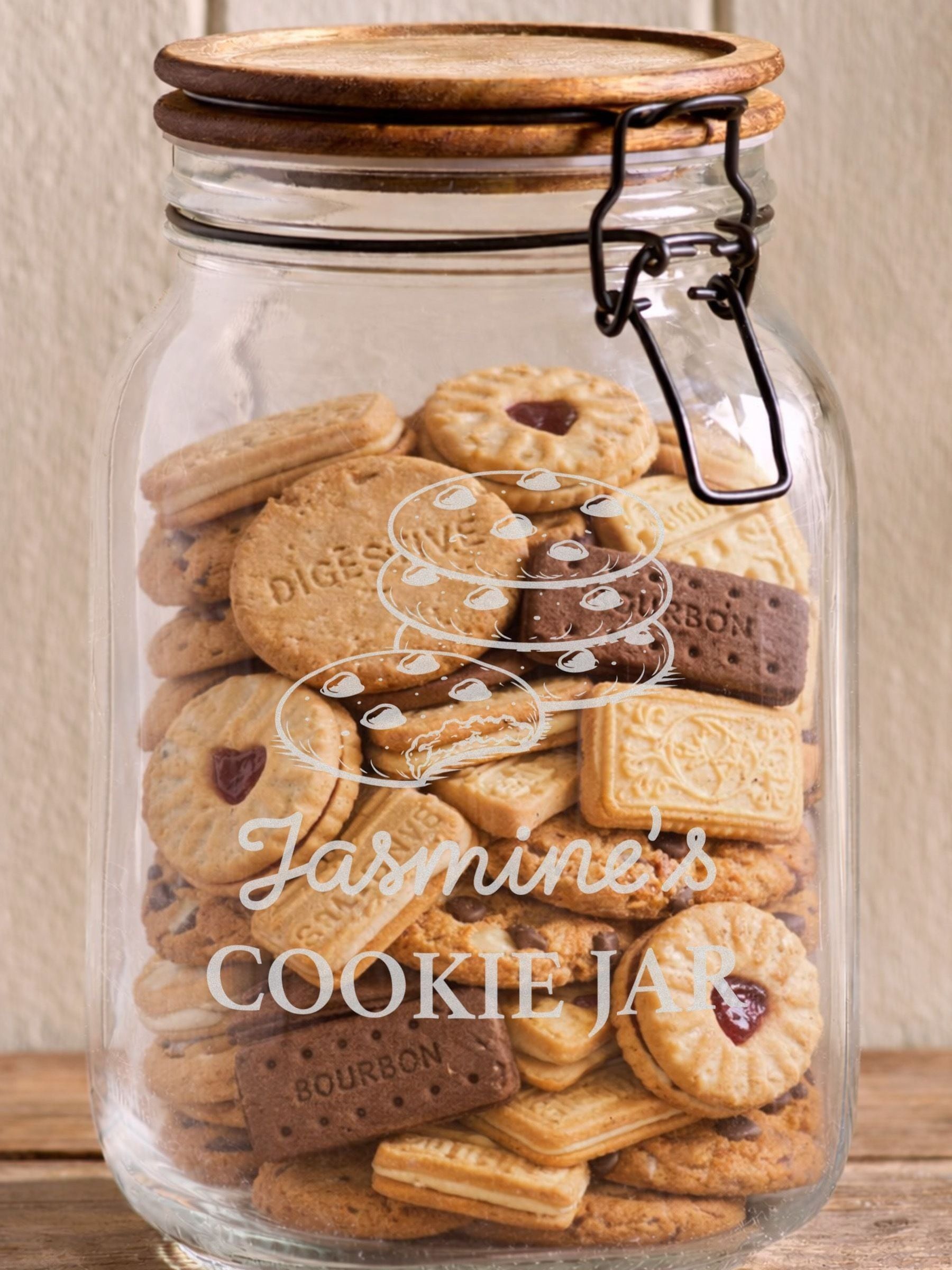 Personalised cookie jar glass acacia wood 1500ml (British brand)