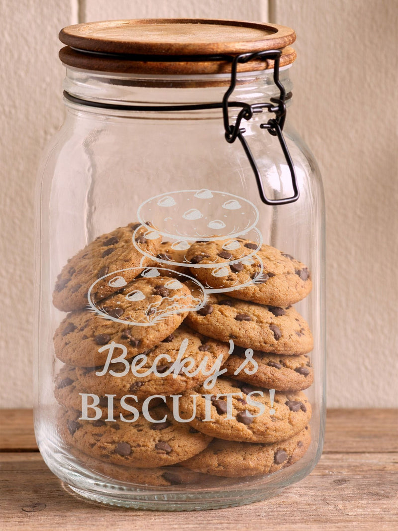 Personalised cookie jar glass acacia wood 1500ml (British brand)