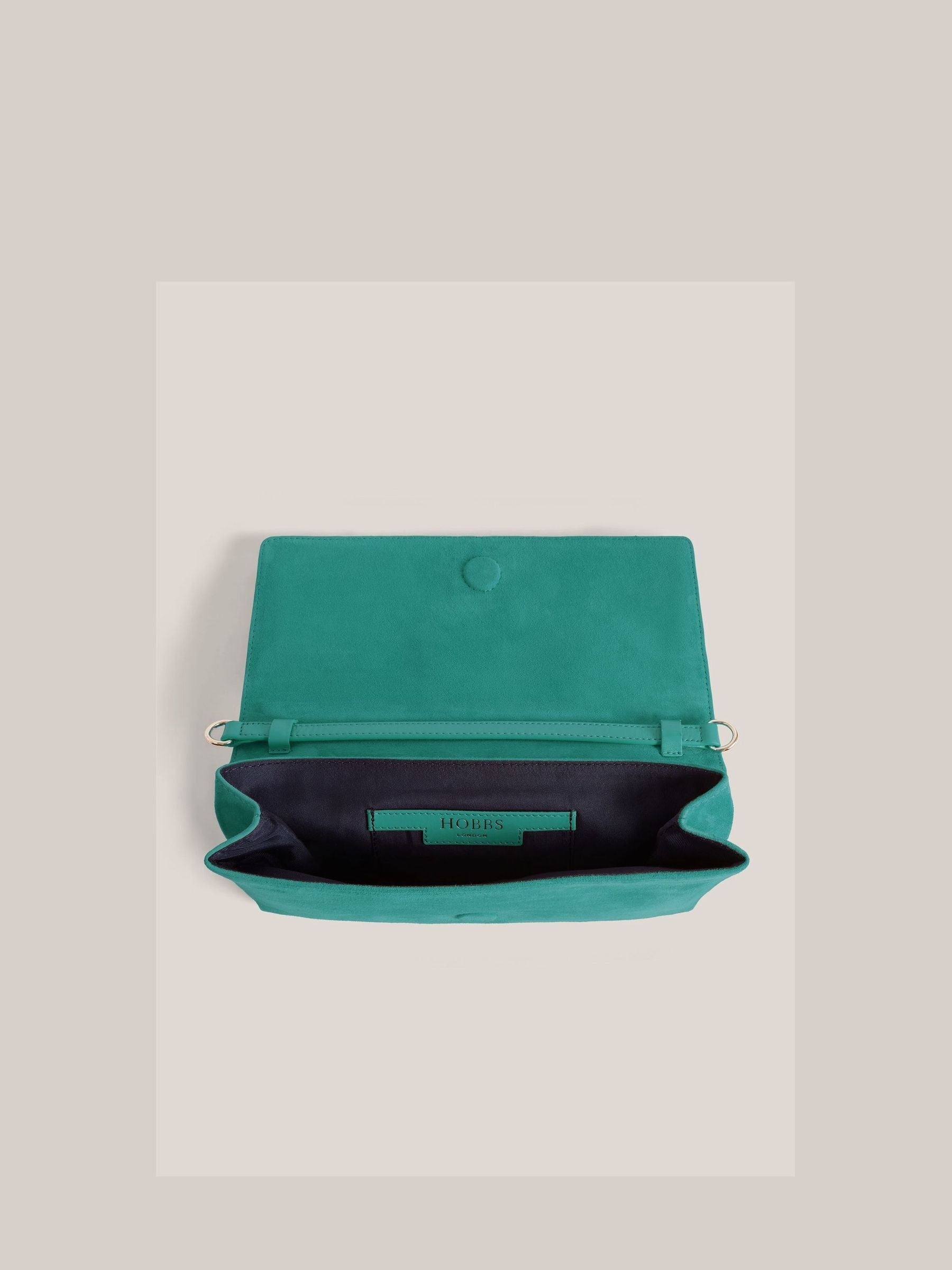 Hobbs meadow green Ashley suede clutch, imported from the UK