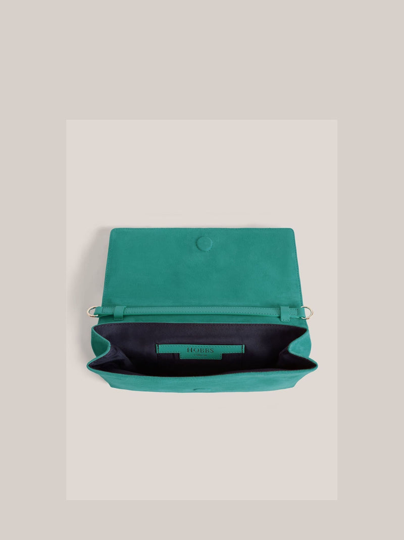 Hobbs meadow green Ashley suede clutch, imported from the UK