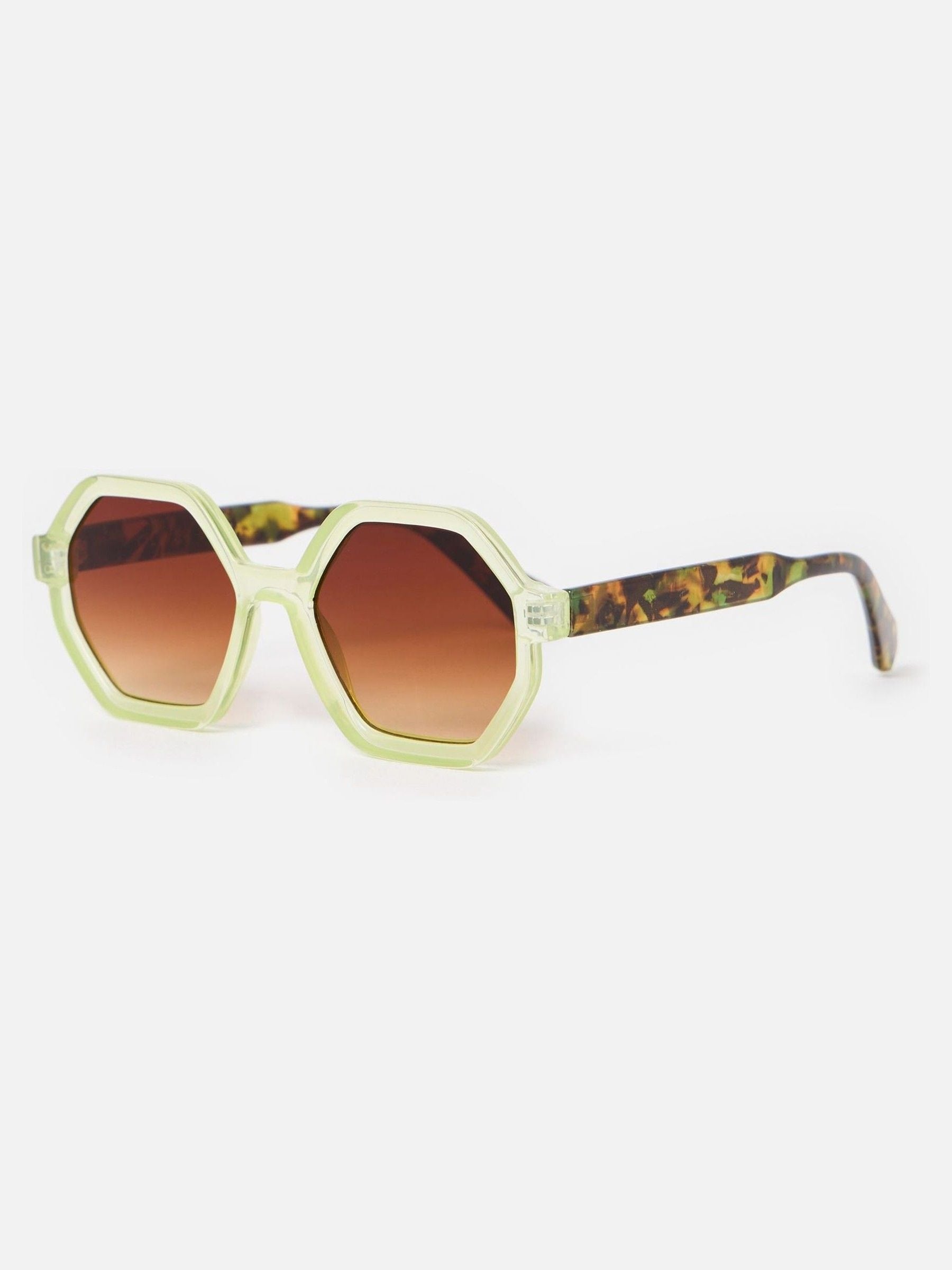 Oliver Bonas green hexagonal sunglasses with brown tinted lenses (British brand)