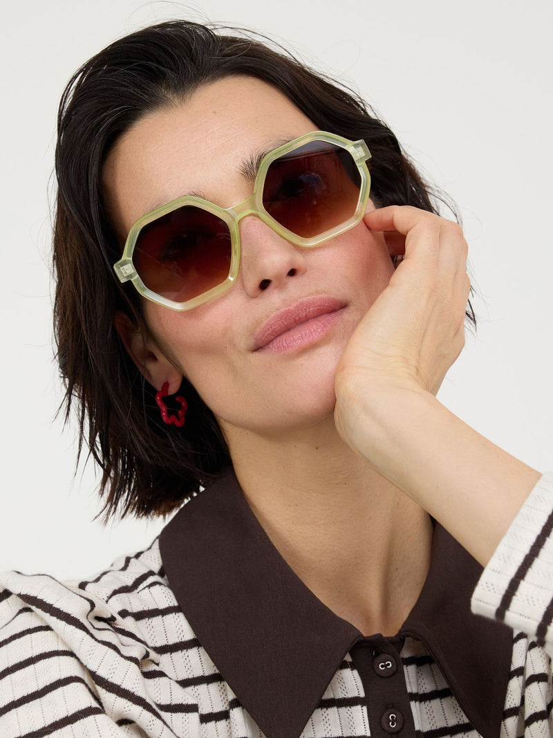 Oliver Bonas green hexagonal sunglasses with brown tinted lenses (British brand)
