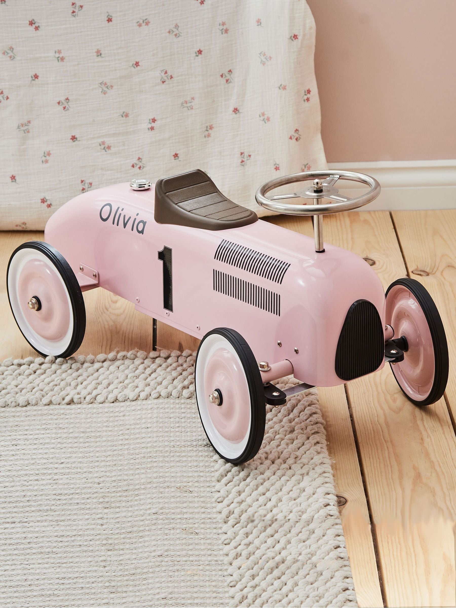My 1st Years personalised white metal ride on car, imported from the UK