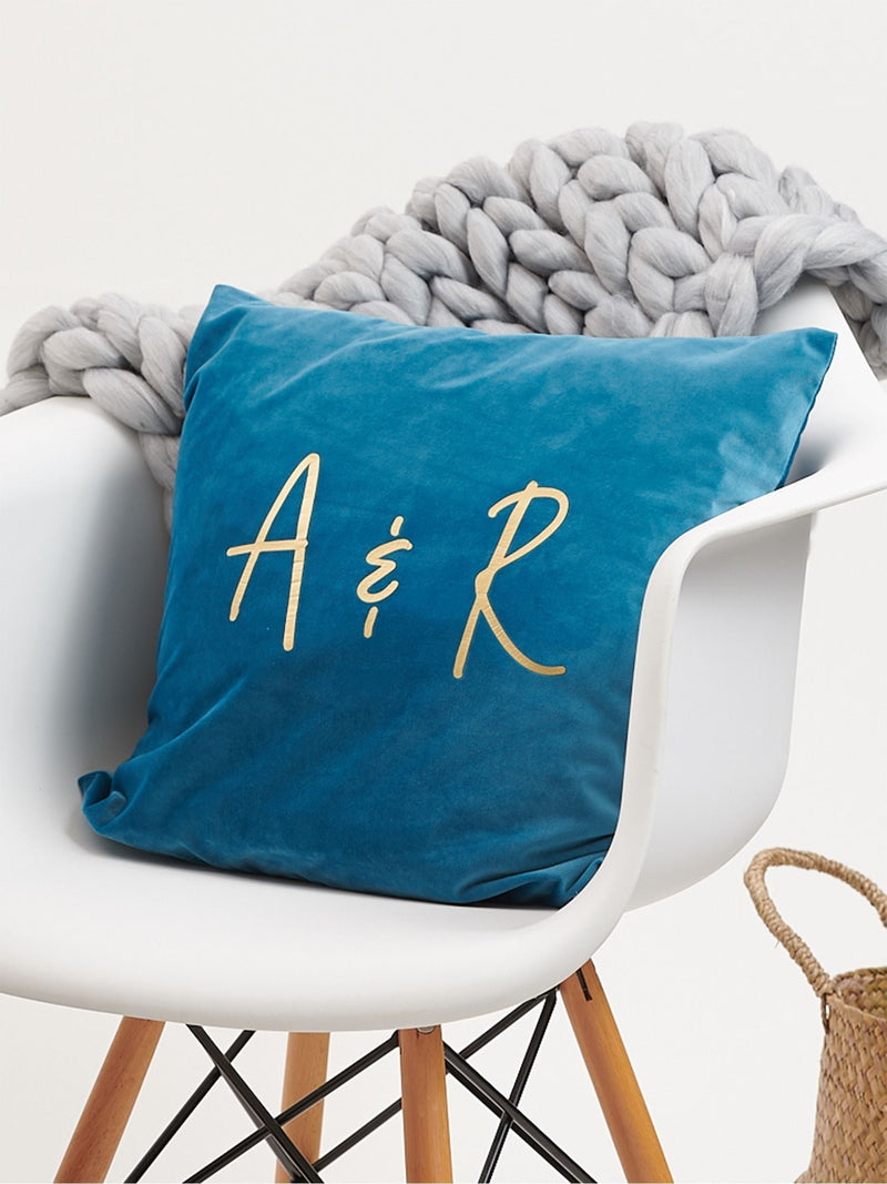 No Ordinary Gift couples initials velvet cushion 45x45 cm (British brand)