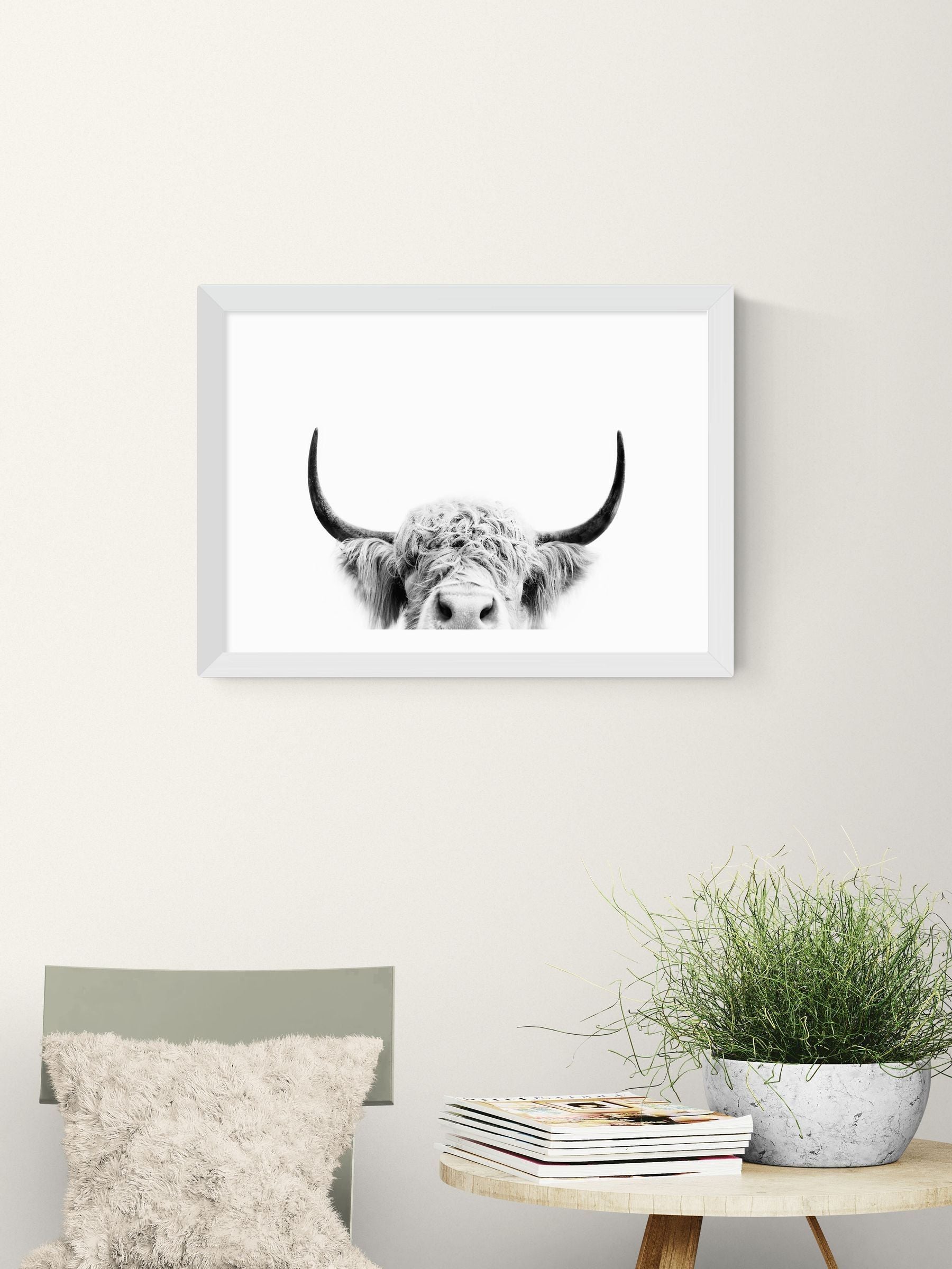 East End Prints White Peeking Cow Wall Art Print by Sisi and Seb