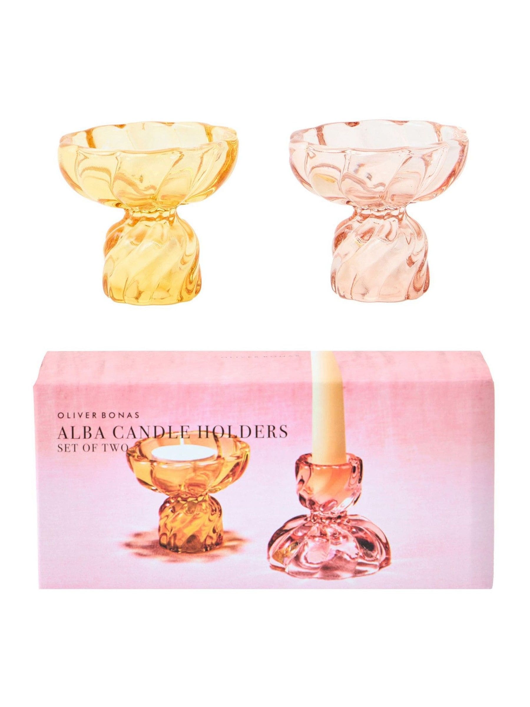 Oliver Bonas Pink Alba double-sided glass candlestick holders, set of two - British product