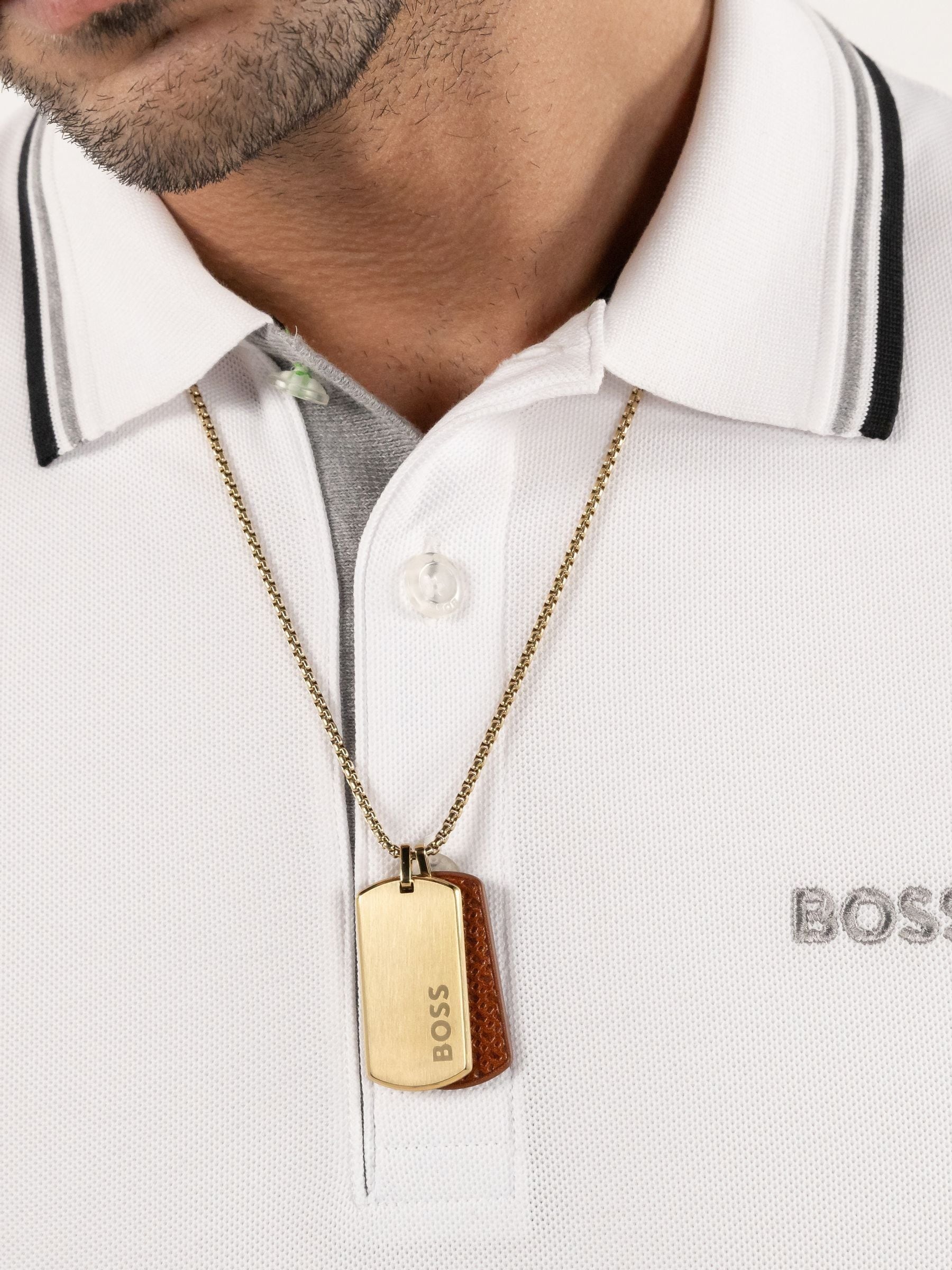BOSS gold tone Devon IP necklace with leather tag, UK version