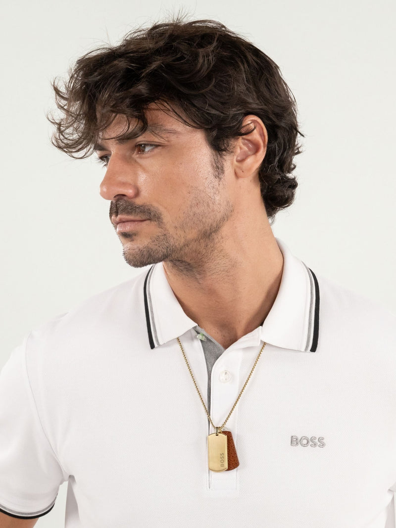 BOSS gold tone Devon IP necklace with leather tag, UK version
