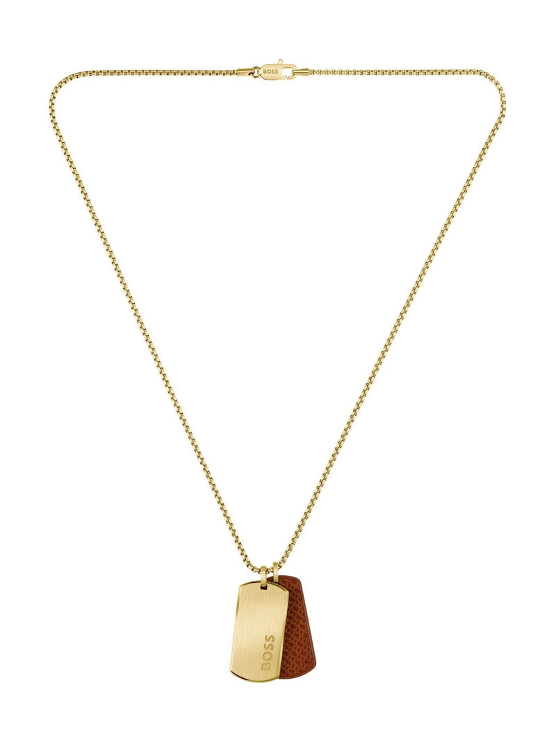 BOSS gold tone Devon IP necklace with leather tag, UK version