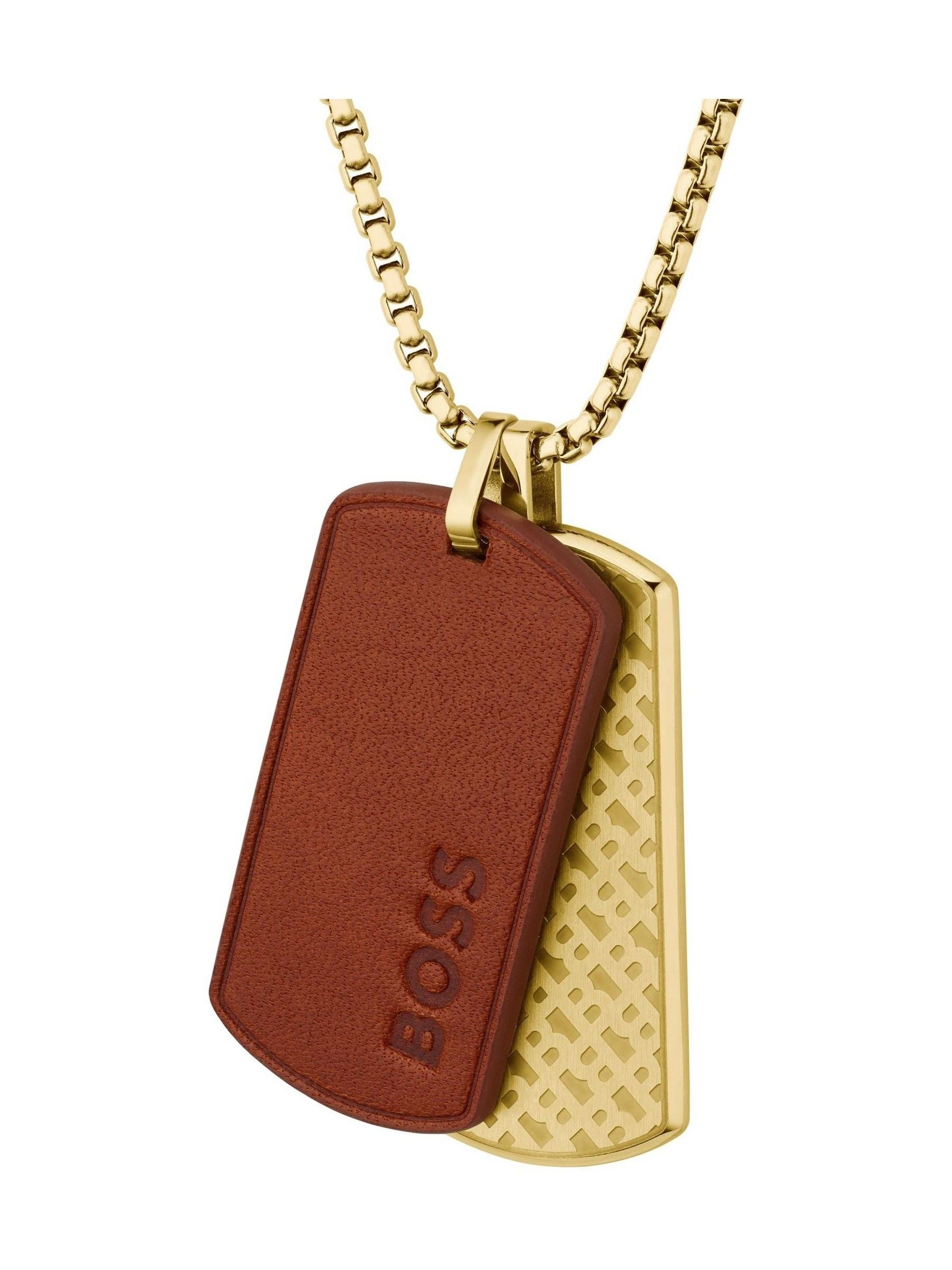 BOSS gold tone Devon IP necklace with leather tag, UK version