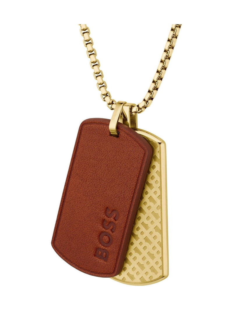 BOSS gold tone Devon IP necklace with leather tag, UK version
