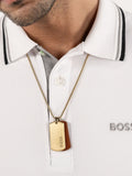 BOSS gold tone Devon IP necklace with leather tag, UK version