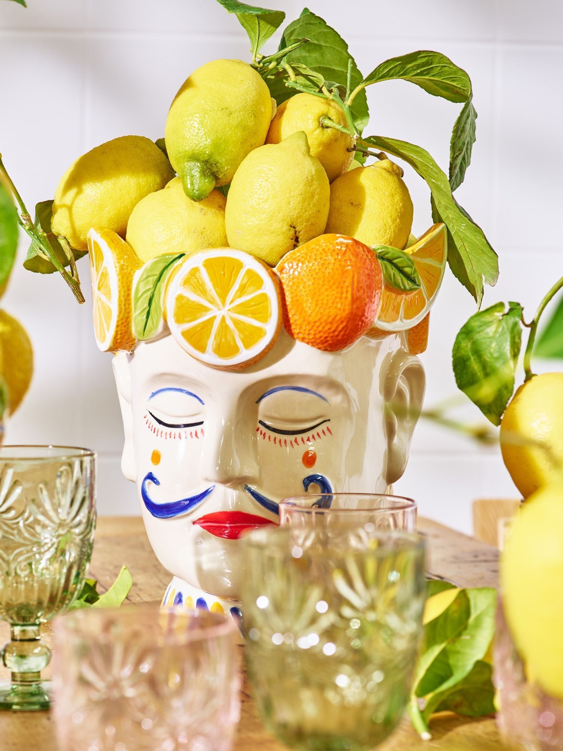 Oliver Bonas cream Luca face fruit ceramic plant pot 26cm - British product