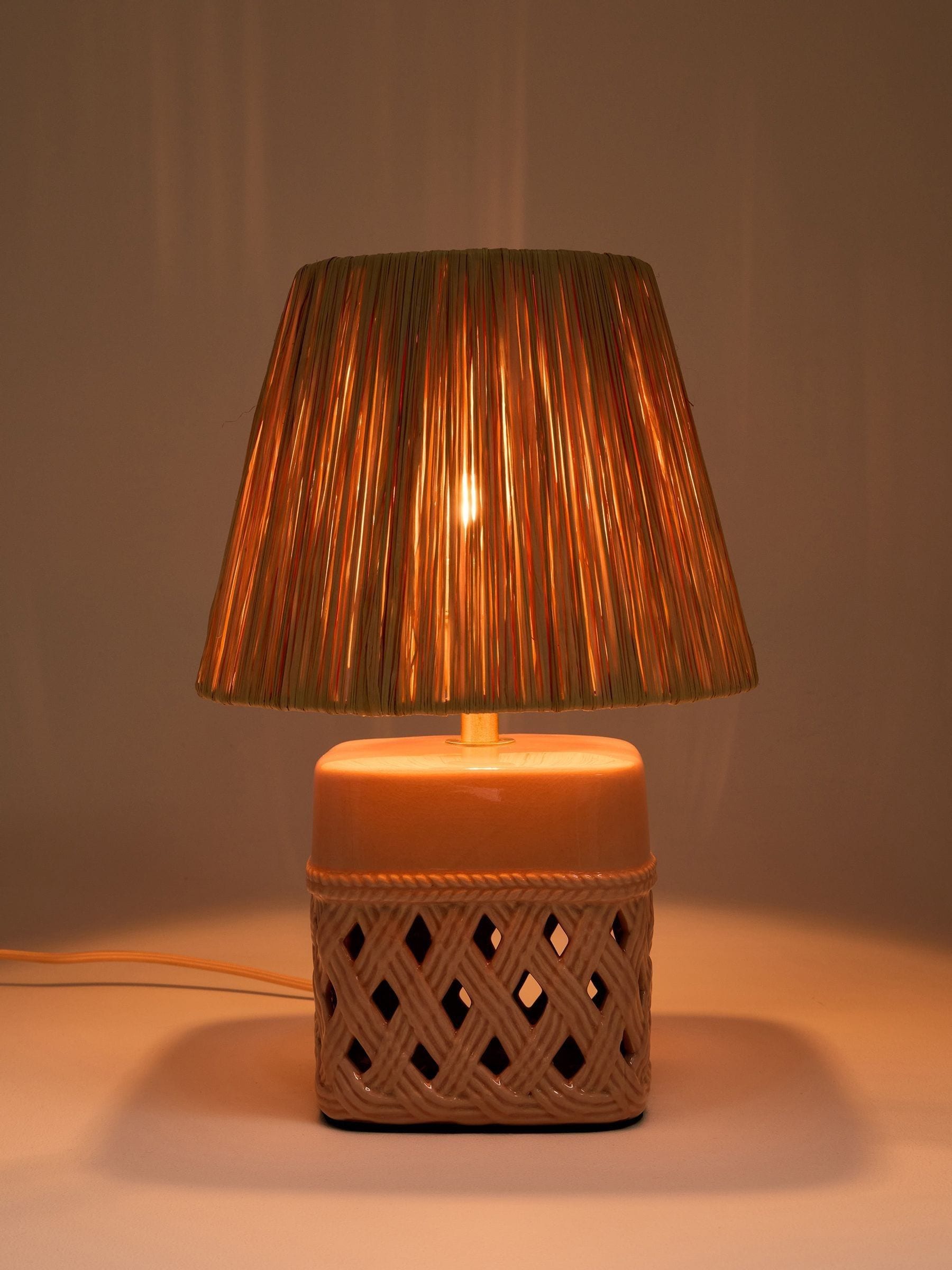 Oliver Bonas pink Savina ceramic raffia desk lamp - British product