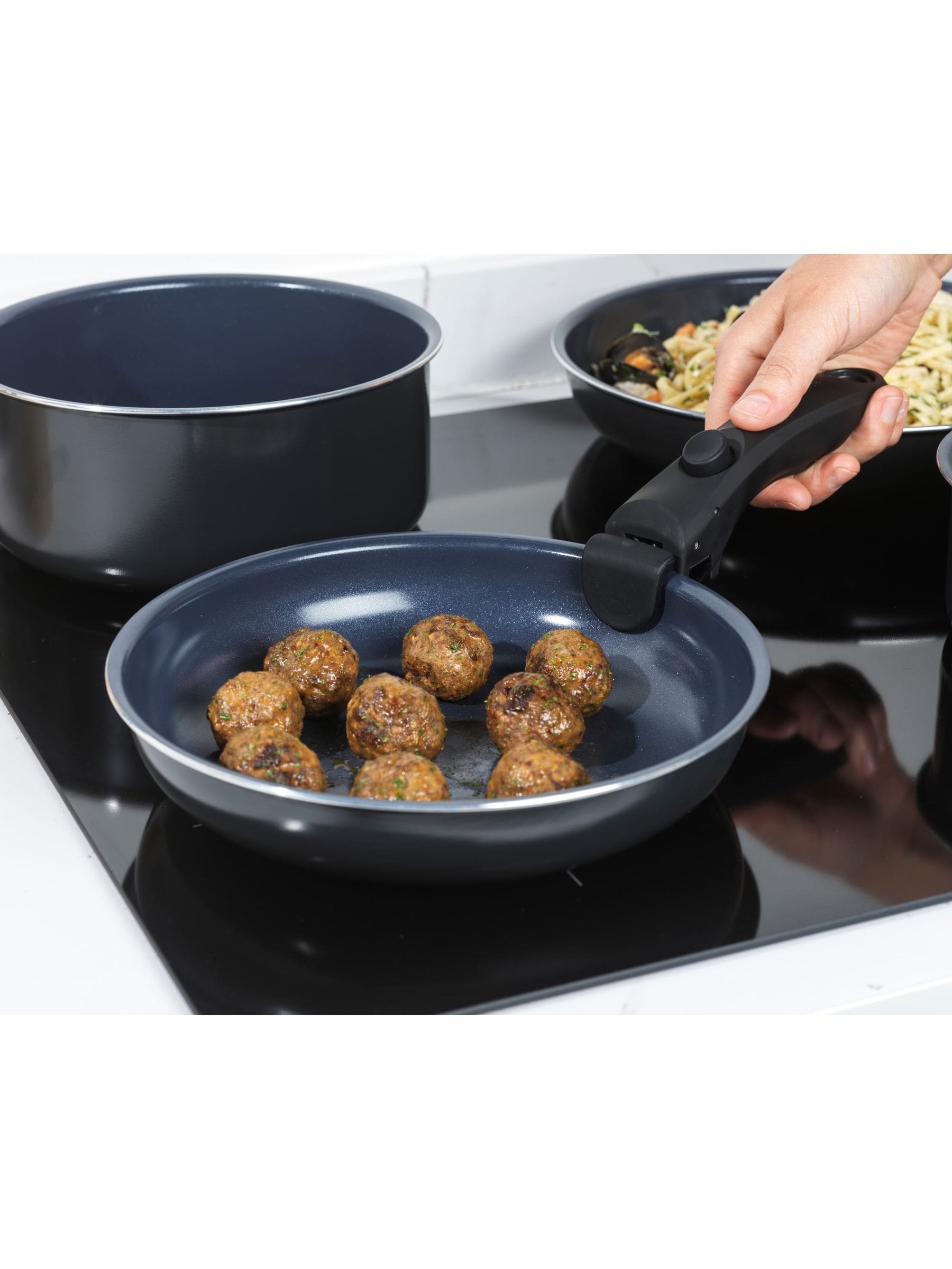 Russell Hobbs blue Smart Clip 5 piece pan set, imported from the UK