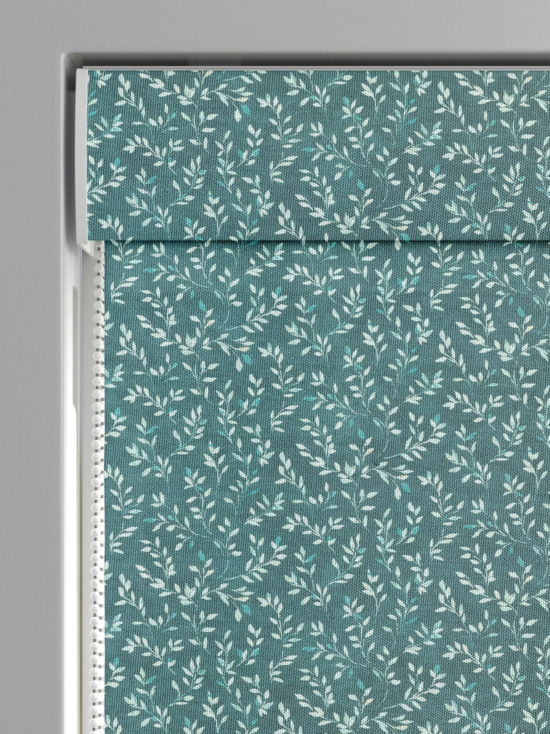 Azure Blue Shelby roman blind with floral cotton print, imported from the UK